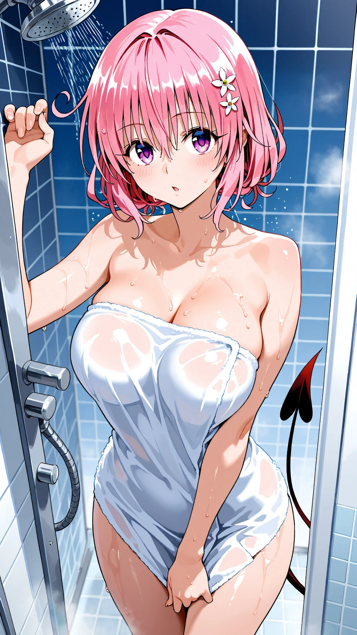 pink hair, short twintails, hair bobbles, star hair ornament, asymmetrical bangs, short hair, purple eyes,, , empty eyes , large breasts, 独奏, nipple, ride a bicycle, , Heavy snowfall area 凍結 wet crying 山 独奏, naked, , Peeing, lactation, projectile lactation