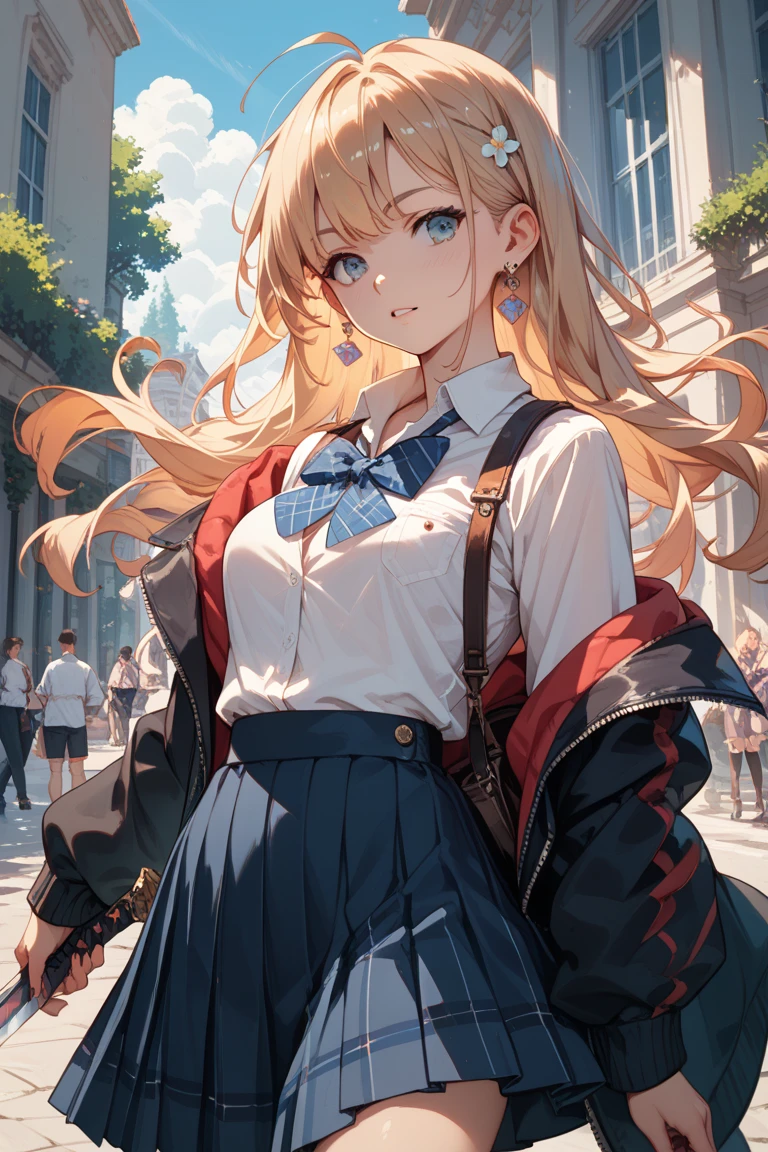 They haven&#39;t even toned it down, Nishikigi chisato, short hair, bangs, Blonde, (Red eyes:1.5), hair ribbon, One side up, Bobcut,smile,Winner,
break shirt, Long sleeve, dress, ribbon, White shirt, Collared shirt, belt, neck ribbon, red dress, blue ribbon, pleated dress, grey dress, two-tone dress, red belt, Uniform Sake,Target, pistol(Tokyo Marui M1911A1 Colt Government)all, Handgun(Tokyo Marui M1911A1 Colt Government), Rest outdoors on your knees, city,alley,
break looking at viewer, (Cowboy Shot:1.5),
break (masterpiece:1.2), Highest quality, High resolution, unity 8k wallpaper, (shape:0.8), (Fine and beautiful eyes:1.6), Highly detailed face, Very elaborate fingers,Perfect lighting, Highly detailed CG, (Perfect hands, Perfect Anatomy), (Highly detailed chest skin texture, Super huge breast enlargement, ), 
