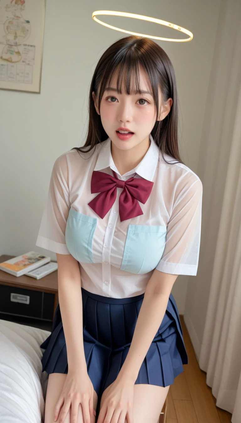 ((Many female students:1.5)), 16 years old, Grin, Low length, Japanese, ((Short sleeve white collar shirt:1.5,Navy blue checked mini skirt:1.5,Red checkered bow tie on chest,Black underwear:1.5)), (Big Ass:1.5), (Super huge boobs:1.5), Huge breasts, bulging udder, (Chubby:1.2), Glowing Skin, Baby Face, Porn Pose, Full body portrait, In a crowded train:1.1,