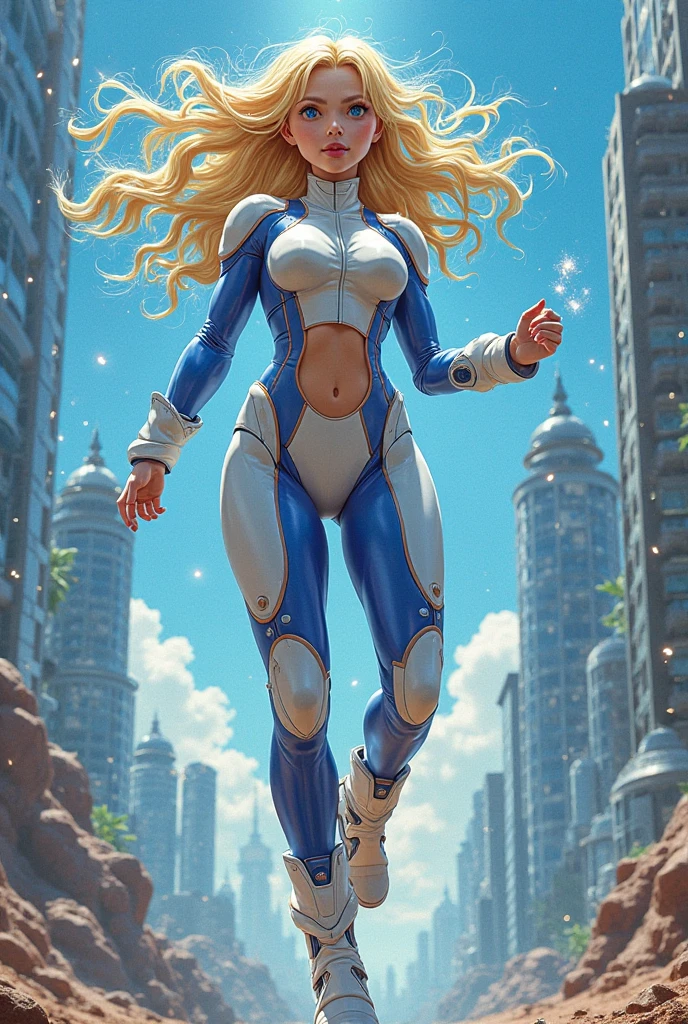 ink and wash, rough ink sketch, full color, epic fantasy city at the end of the universe, 1girl, woman, ranger, iridescent light color:peachpuff hair, Ombre Hair, (full body:1), [:sexy costume design:0.2], bombshell hair, shiny color:beige metal hair, short bombshell hair, medium breasts, wide hips, narrow waist, sexy athletic toned hourglass figure,(muscular legs:0.6), skindentation, caucasian<lora:EnvyInkAndWashXL01:0.8>