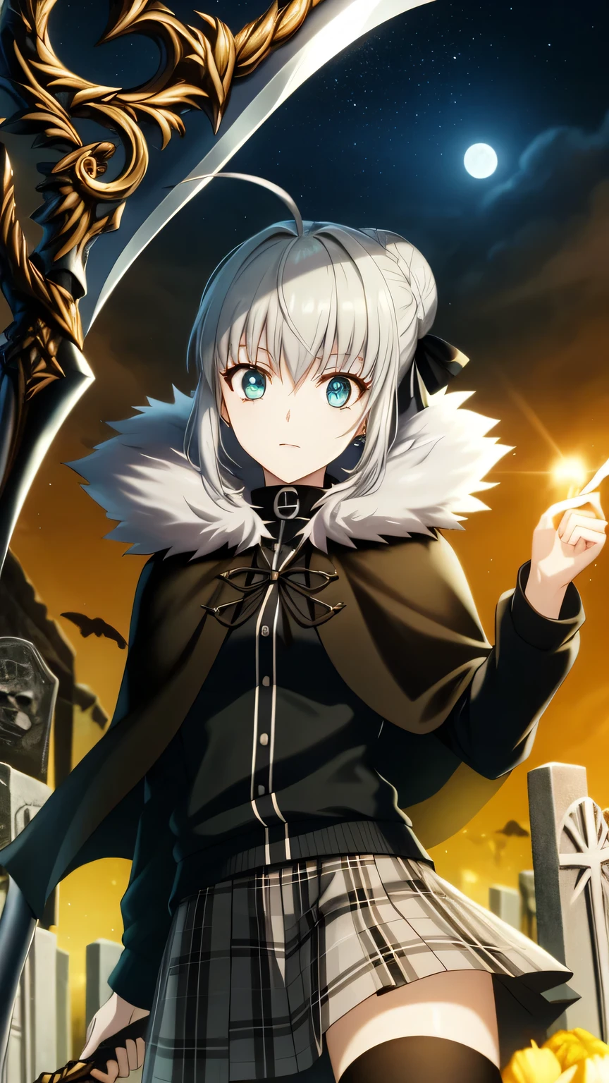 {{{masterpiece}}}, (best quality:1.5), (ultra-detailed:1.5), {illustration}, {{an extremely delicate and beautiful}}, (beautiful detailed eyes:1.6), absurdres, highres, extremely detailed face, 16k, hd, visual anime de uma jovem mulher, extremamente bonito rosto de anime, anime melhor garota, (perfect hands, perfect anatomy), (five fingers:1.1), anime face, gray(Fate Grand Order), 1gril, solo, cute face, short hair, grey hair, ahoge, hair bun, hair ribbon, bangs, sidelocks, blue eyes, medium breasts, big hips, curvaceous, BREAK, black cape, long cape, hood, {{hood down}}, gray collar, fur collar, black ribbon, black shirt, long sleeves, black sleeves, plaid skirt, pleated skirt, grey skirt, miniskirt, black thighhighs, black footwear, thighs, zettai ryouiki, BREAK, DonM5cy7h3, Death Scythe, Game Scythe, long handle, Reaper's Scythe, have a scythe, Combat Ready, looking at viewer, flash effect, outdoor, mountain, night, forest, (graveyard:1.3), (tombstone:1.2), moonlight, peer in from below, (upper body:1.5)