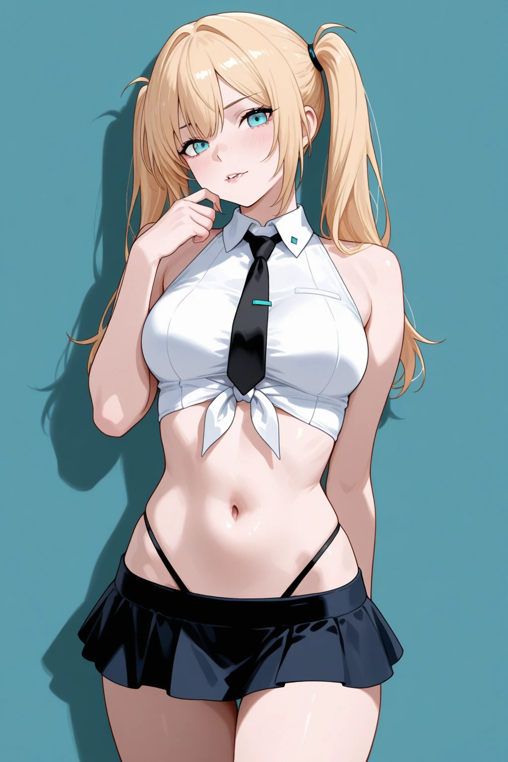 (masterpiece, best quality:1.2, perfect hands, parfect fingers, parfect face, high resolution, high detail, 4k,) 1 girl, blonde hair, red hair, gradation hair, forehead, messy hair, piercing ear, white shirt, bare breast, tie, tight skirt, flat chest, ((dark skin)), (((skinny, ribs))), half open eyes, ((black eye shadow, shadow under eye)),