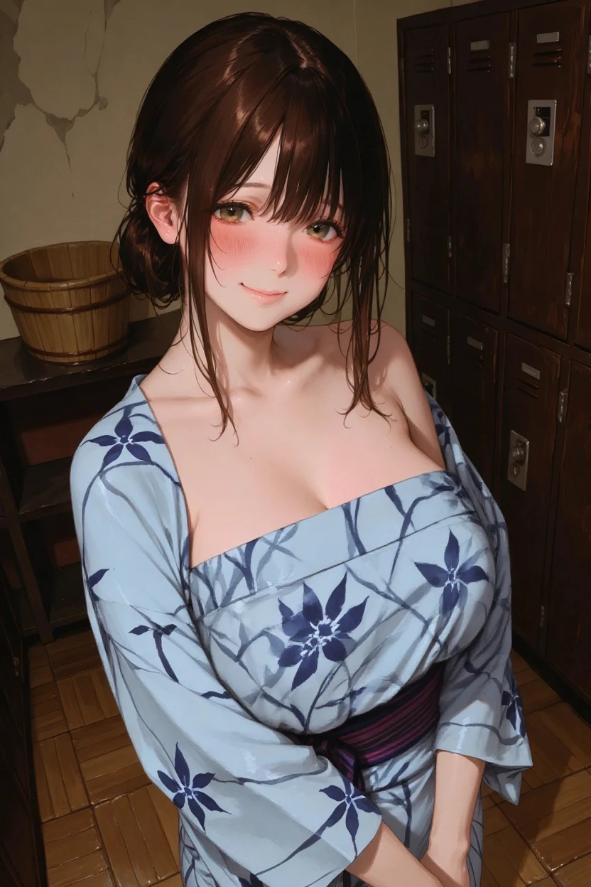 8K quality、quality、On a table、super high image quality、ultra - detailed、Surreal hair texture with colorful women full of energy、long beautiful hair、shinny hair、Delicate hair、blue mesh、pony tails、eBlue eyes、Skin glows、lace underwear big breasts、Diagram of mole on chest、large pecs、The chest particularly large、Sweaty forehead and cheekluffy off-the-shoulder yukata、A smile、soft pink lips、Surreal sensibility、Reddening cheeks、summer festival background