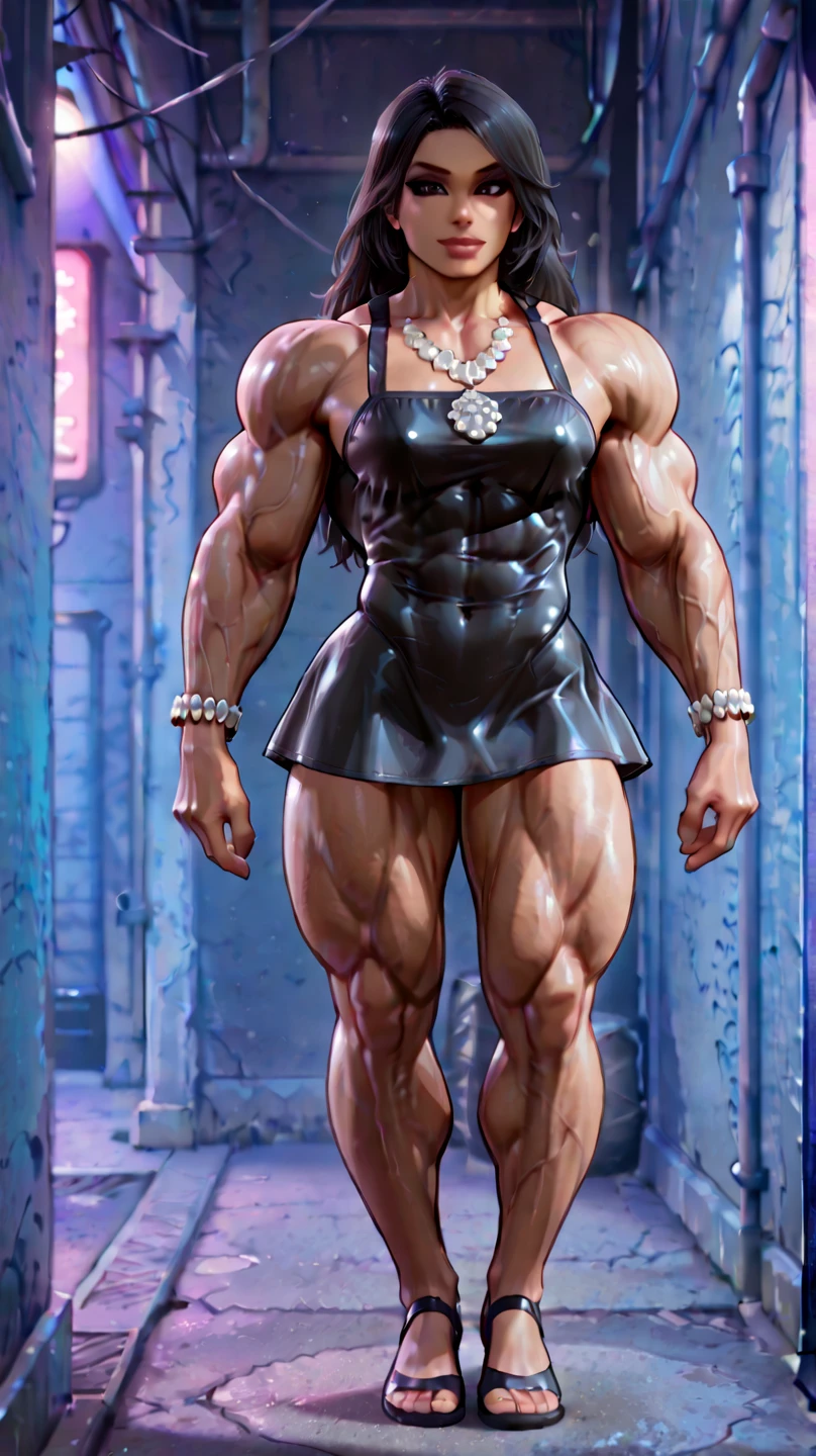 ((masterpiece)),(((best quality))),((character design sheet)), ((full body view)) mature face, defined cheekbones,((long hair:1.2)), Perfect Beautiful , (robot Face) ,((chrome skin:1.1)), (buff arms, buff legs), long Hair , Black Gothic mini Dress , female bodybuilder Body , ((muscular legs:1.2)), Realistic Lighting , Gothic Makeup , Posing Like a Model , Look at Viewer, cool lighting, ((cool ambiance light:1.0))high cheekbones, illustration, ultra muscular, sexy bimbo, (gigantic breasts:1.3) ((detailed face:1.4)) beautiful woman, shiny skin, scribbles and marks,(puffy lips:1.4) , rough sketches, pose, 8k,16k, (simple background, white background: 1.3) ((cool color palette)),