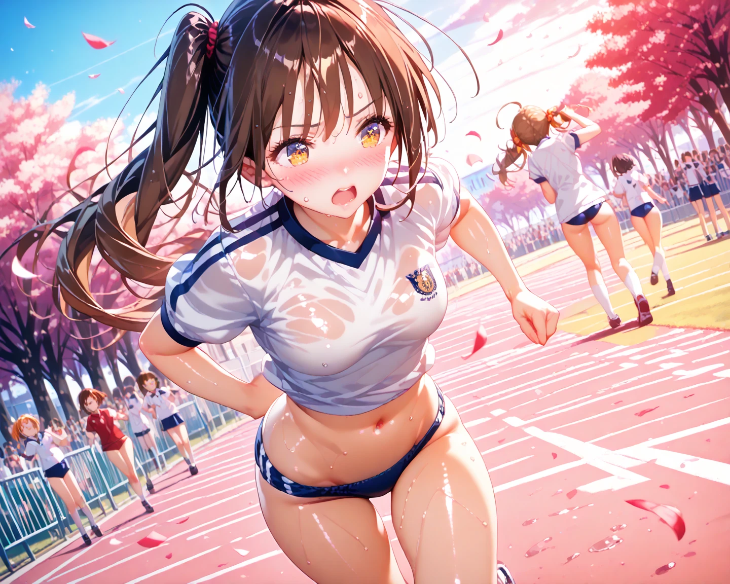 (Best quality, 8k, 32k, Masterpiece, UHD,:1.2),RAW, 1girl,ultra cute , natural lighting,transparent shining eyes, 20yo,medium breast ,fair complexion ,flushed face, Brown hair、Small twin tails、The long-haired、Ass.((Track and field uniform))、Pink bloomers、a park、、Pink Panties、perfect bodies、Soio、A smile、Gymnastics、