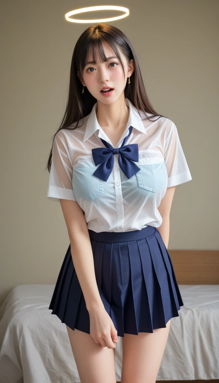 Highly detailed CG Unity 8K wallpaper、highest quality、super detailed、masterpiece、realistic、Photoreal、Highly detailed cute girl、16 years old、(High school girl in Japan uniform)、((Shooting from the front:1.4))、((Dark blue student bow tie:1.4))、((Sitting on a wooden chest:1.4))、blush、split lips、looking at the viewer、semi body shot、(A room in a love hotel)、(Japan High and designated shoes)、(Navy blue short pleated skirt lift:1.5)、(Short-sleeved white shirt for students)、 (dark blue bow tie:1.2)、(Light brown long hair)、(beautiful face:1.3)、(perfect proportions:1.2)、(long legs:1.2)、(small breasts:1.3)、((white panties:1.4))、((Blouse wet in the rain、The brush is see-through))、(Bra is transparent)、(((wet hair、wet skin)))、((Upper body))、((rain outside the window:1.4))、((troubled expression:1.4))、