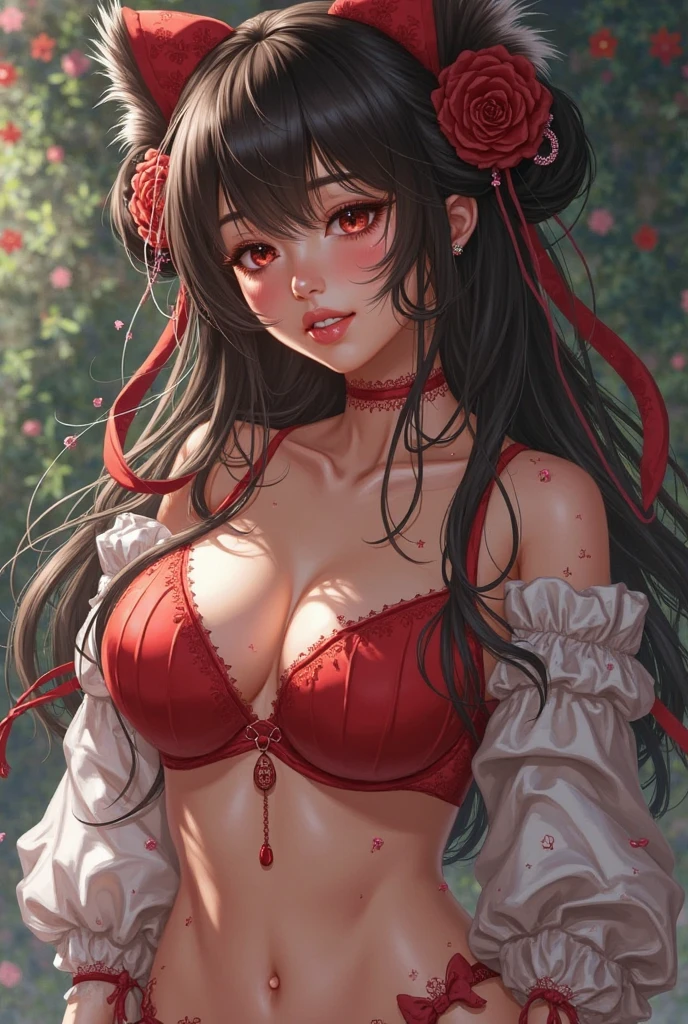 absurd, 8K, high resolution, ultra-detailed, beautiful, masterpiece, best quality, very pretty woman, young, very pretty woman, sexy, (red rose lingerie:1.5), blue eyes, black hair, (straight:1.5) sexy , detailed female face, very attractive, (very large breasts:1.3)