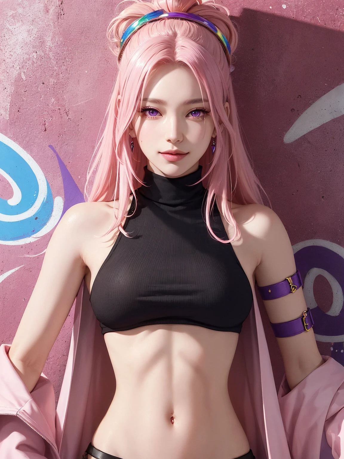 (Masterpiece, best quality, 1 girl, alone, complicated details, Chromatic aberration), realistic, ((Moderate breath)),long hair, pink hair, Red headpiece, Pink Highlights, hair on one eye,purple eyes, earring, sharp eyes, choker, Neon coat, She wears a collar, bangle, and kimono style garters., crop top, (symmetrical eyes),(Perfect symmetrical body),against the wall, Brick wall, (colorful graffiti words on the wall:1.2), The light is dim., alley ,Look at the viewer.、Dig the chest、smile、(sleeveless、Navel touch、Fitted turtleneck.)、street string hot pants、Thin bottom、Please build above the eaves..、Thin shoulders、in underwear、in sportbar、