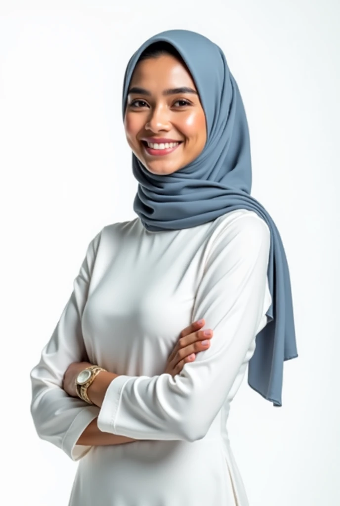 A beautiful 1 Asian girl, wearing a black hijab, is taking a selfie with her face very close to the camera. She is dressed in fashionable and elegant white attire paired with black pants. Her expression is one of high value, showcasing confidence and grace.