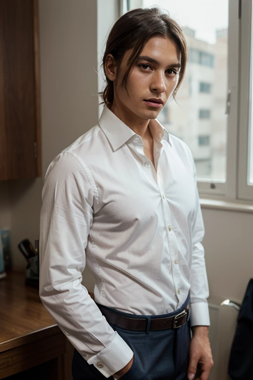 Use my face and Switch from your current outfit to a navy blue suit.Wear a plain white shirt.and Complete the look with a light blue necktie.
