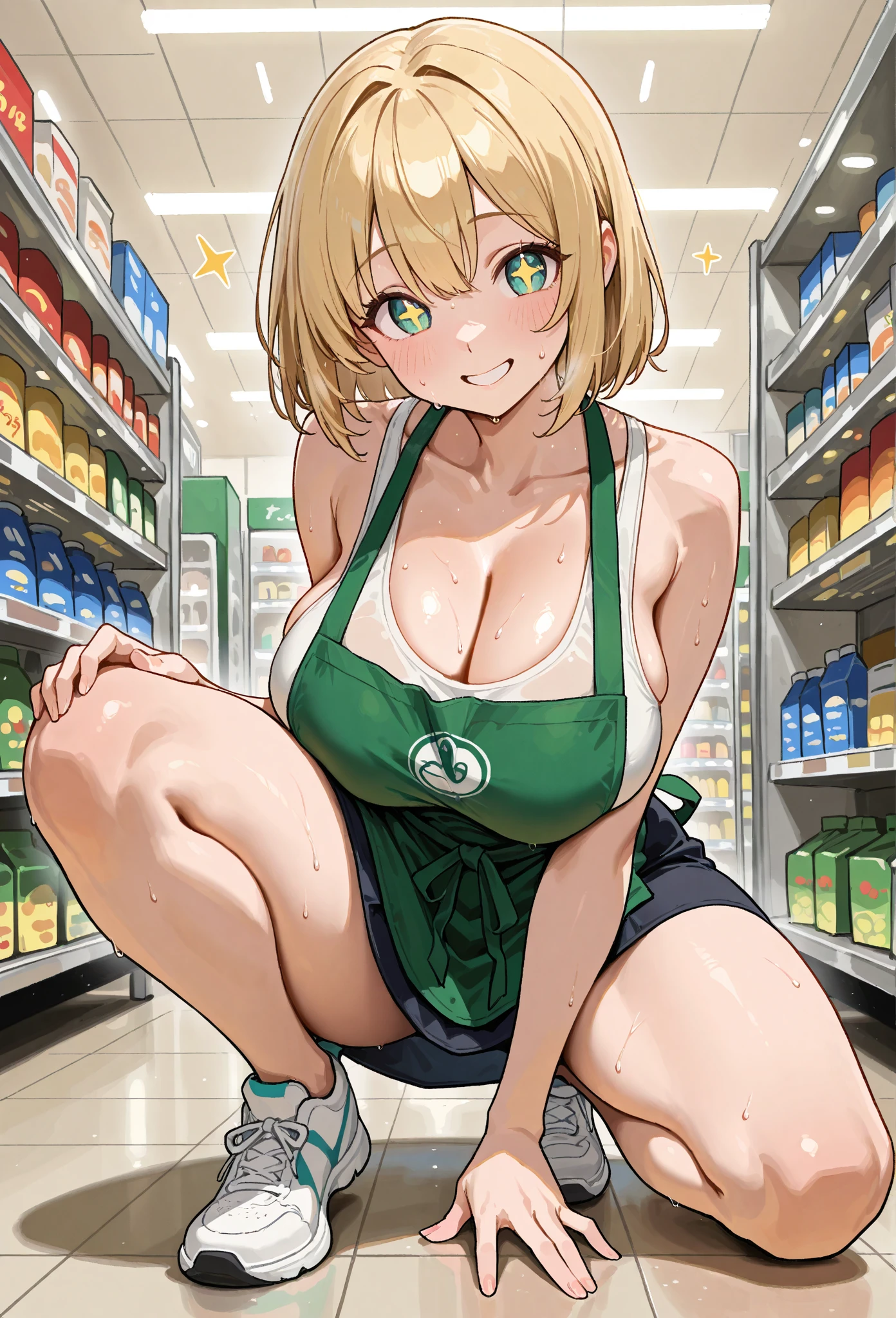 chica sexi de compras caminando por el supermercado en pantalones cortos con su amiga real 4k