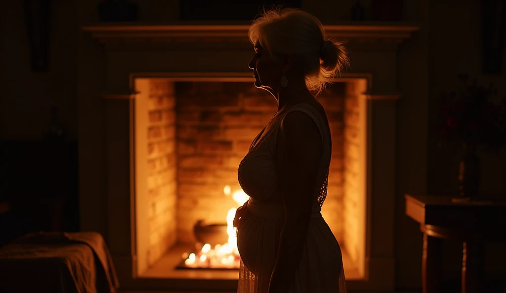 woman dressed in a skirt showing her body, shirt with low neckline, is close to the fireplace, doing a sensual pose, is standing, sticking out her ass, older woman in her 60s, curvy, hot, voluminous body, cleavage, large breasts, approximately 50 years old, side image, full body, from head to toe, looking for camera, posing, stunning, natural mature woman, big ass, gym abs