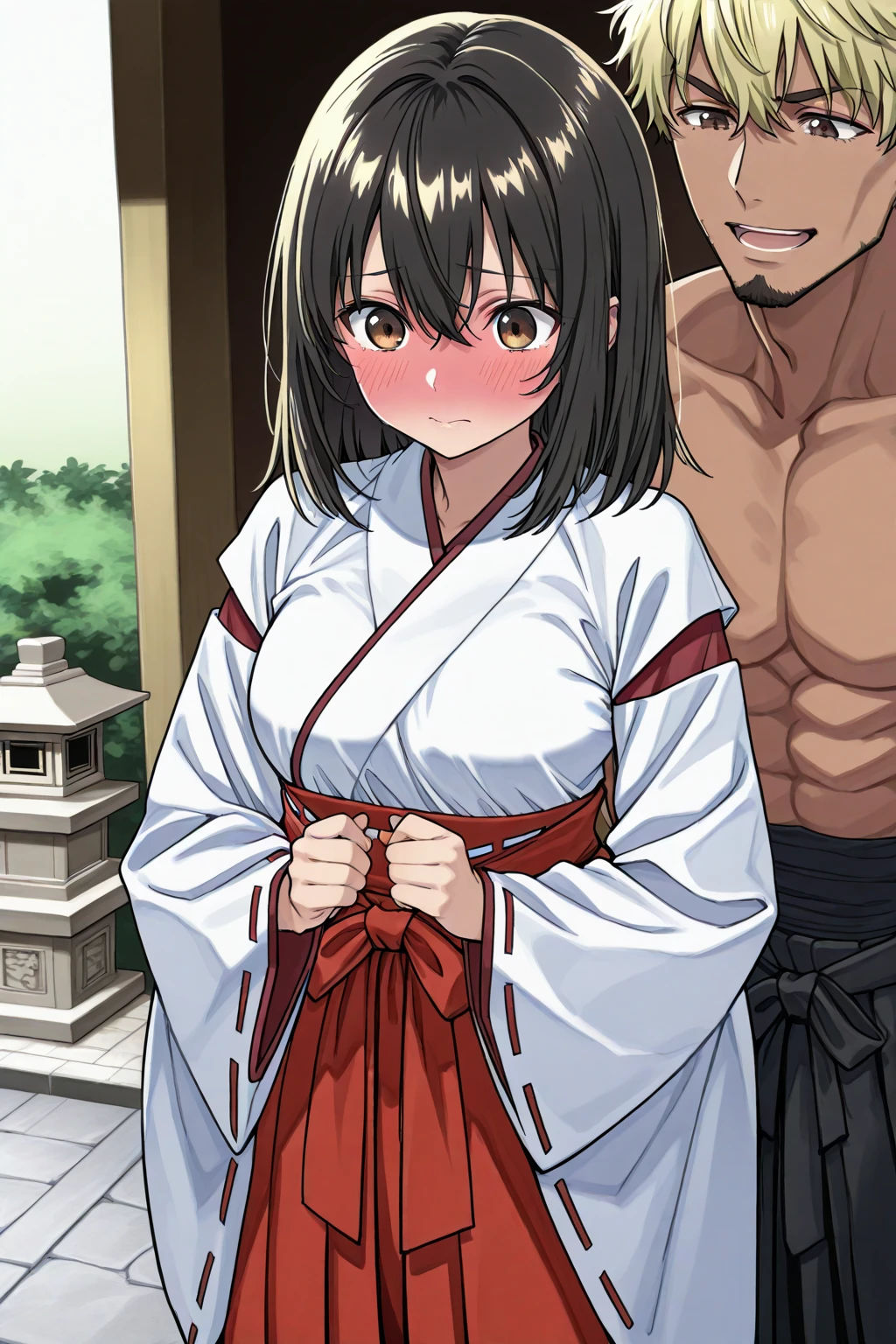 ((Highest quality)), ((masterpiece)), (detailed), （Perfect Face）、（The woman is a 12-year-old princess from the Sengoku period in Japan., Long black hair and a beautiful face　Located in a luxurious samurai residence.、The woman is wearing a Japanese white kimono with a richly embroidered red shiny robe over it.　Wearing, Her hair is styled in a straight hime cut.　It is decorated with gorgeous ornaments from the Edo period.,   She is forced to have sex with a dirty old man and cries when he shoves his penis into her pussy.
