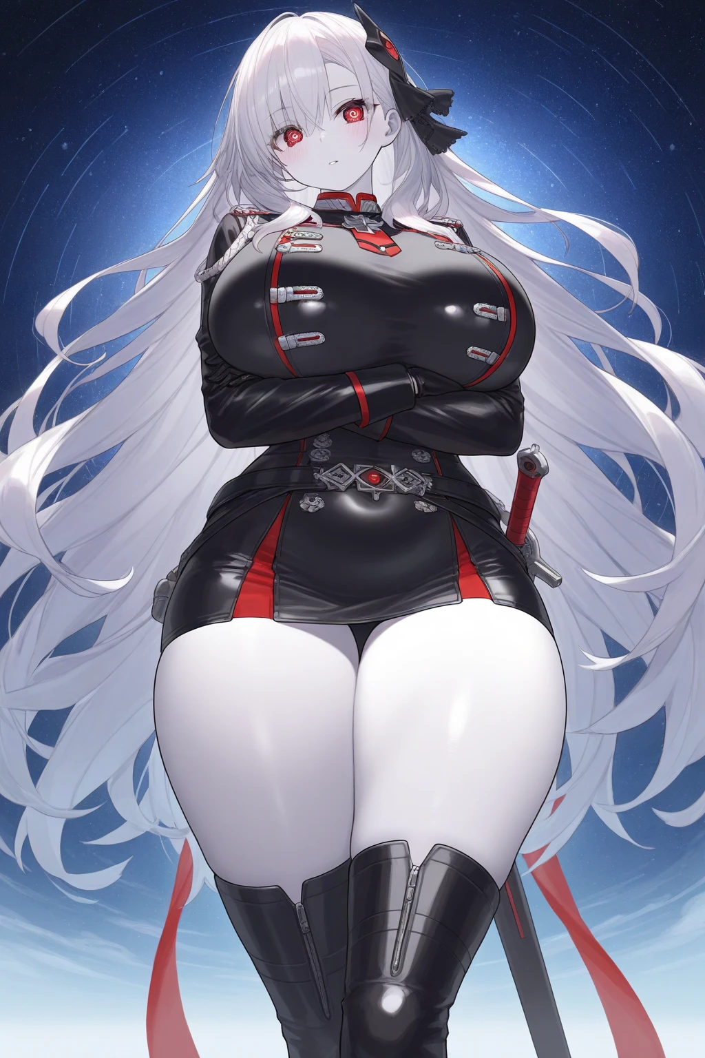 1girl, white hair, long hair, red eyes, serious, glowing eyes, large breasts, thick thighs, mature female, athletic female, toned, leotard, black leotard, thighhighs, belt, knife
