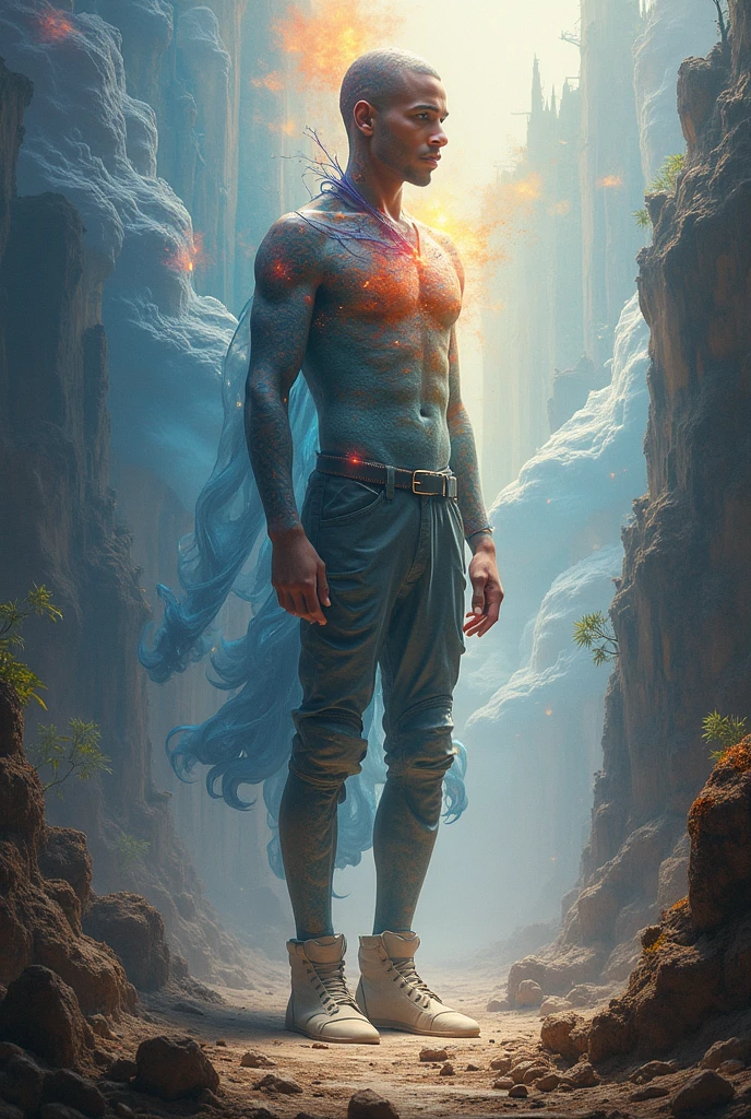 A strong, manly, naked man in an explosion of rainbow-colored translucent lilies, ((strong and muscular body, realistic)),Rendered by Octane,Unreal Engine,Rococo Paper Cut,Green and White Watercolor