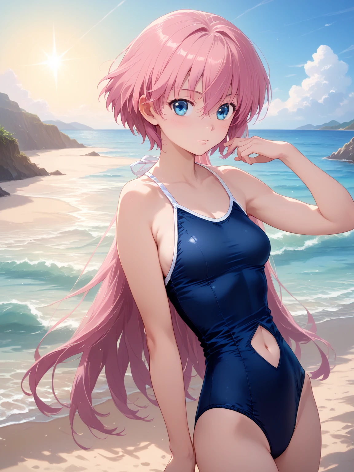 Cute Swimsuit、Random Swimsuit、Acme Face、Random pose、, Medium Hair、、Pale blue eyes、Pink Hair、nsfw、Highest quality、1 girl、solo、Ocean、Sandy Beach、Sexy pose、Random pose、Blushing、Wet、Embarrassed、I can see half of my 、、One piece swimsuit、(Strap slip:1.3)