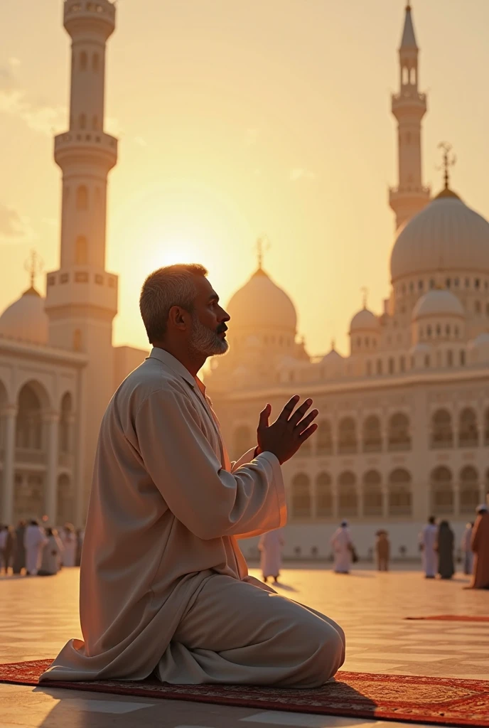 Beautiful islamic man pyaer to god hand a tasbi left side mosque 