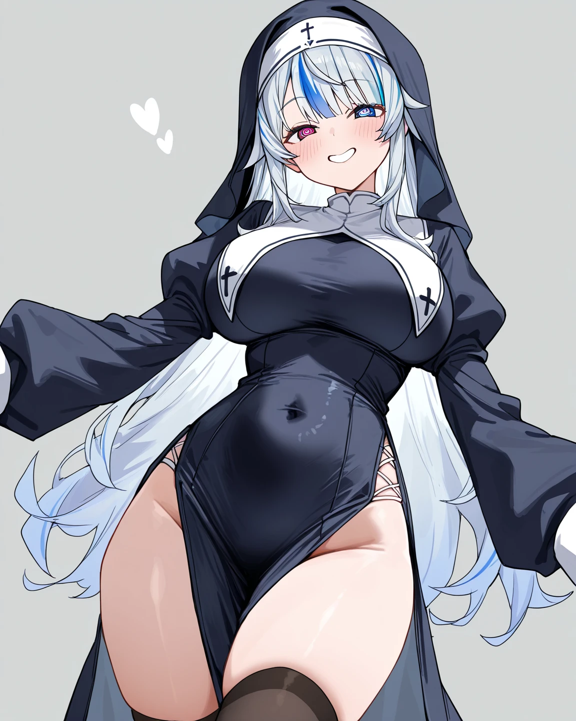 1girl, solo, long hair, breasts, looking at viewer, blush, smile, bangs, large breasts, simple background, thighhighs, long sleeves, white background, dress, animal ears, cleavage, closed mouth, blue hair, purple eyes, tail, braid, thighs, alternate costume, puffy sleeves, black dress, white thighhighs, covered navel, horse ears, juliet sleeves, horse girl, pelvic curtain, horse tail, nun, habit, ear ornament, breast curtains