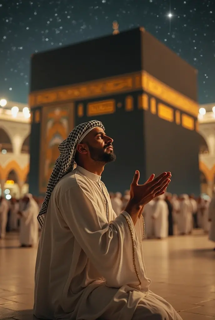 A man in front of the Kaaba, the sacred mosque, pledges allegiance to the awaited Imam Mahdi.