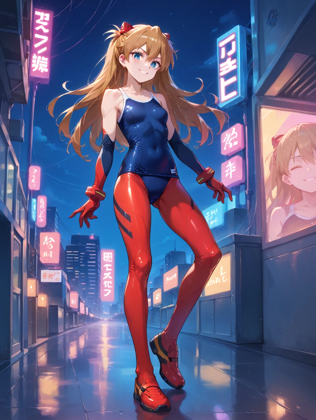 (8k),(masterpiece),(Japanese),(8-year-old girl),((innocent look)),((Petit)),From the front,smile,cute,Innocent,Kind eyes,flat chest, Slender, The Flash costume,semi-long,Hair blowing in the wind,Blonde Hair,strong wind,midnight,dark,neon light futuristic city