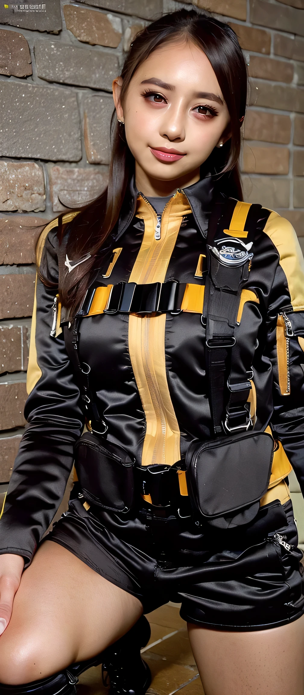 ( Extremely Realistic ), ( Top Quality), ((round, SMALL AND PRECISE FACE )),black gloves,黒 shorts, boots,jacket,shorts, big breasts,adult woman , Her breasts are big and rounded, The clothes are perfect for that figure ,beautiful skin ,My nose is small,thin eyebrows