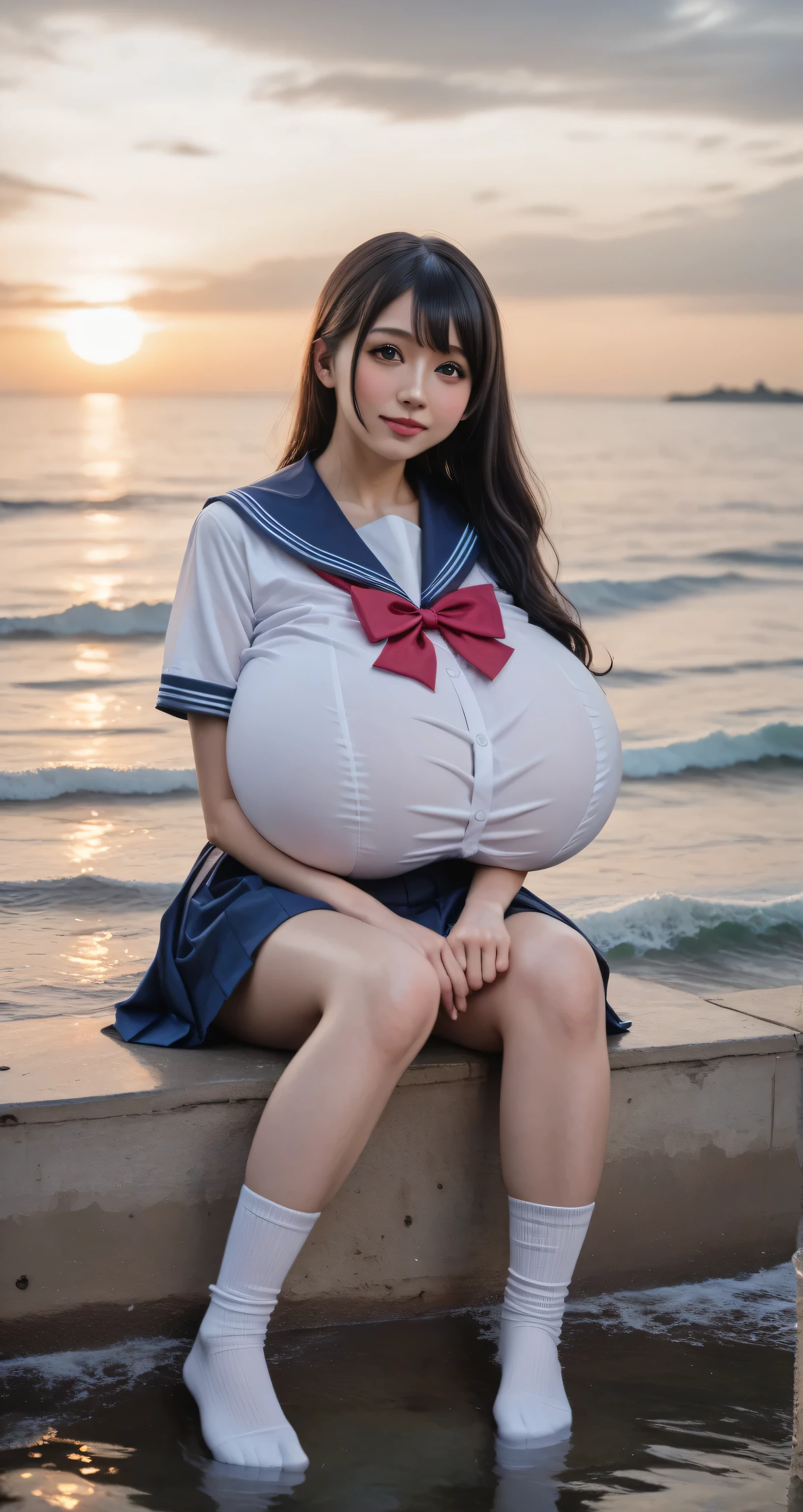 top quality, Realistic, 8K quality, A Japanese high school girl in uniform is sitting on the breakwater in the harbor, sailor suit, navy blue skirt, Fluttering Black Hair , long hair, Side Face Illuminated by the Sunset, Concrete on the Breakwater, calm sea, Horizon at Dusk, orange sky, Reflected Wave Light, Skirt Fluttering in the Sea Breeze, white socks, schoolbag, The Melancholy of Youth, ephemeral expression, Wave Splash, Harbor Atmosphere,Realistic, ((extremely cute young Japanese idol)), ((( and exquisite body line))), (((Extremely Huge Impossibly :888.88))), (((long hairー))),