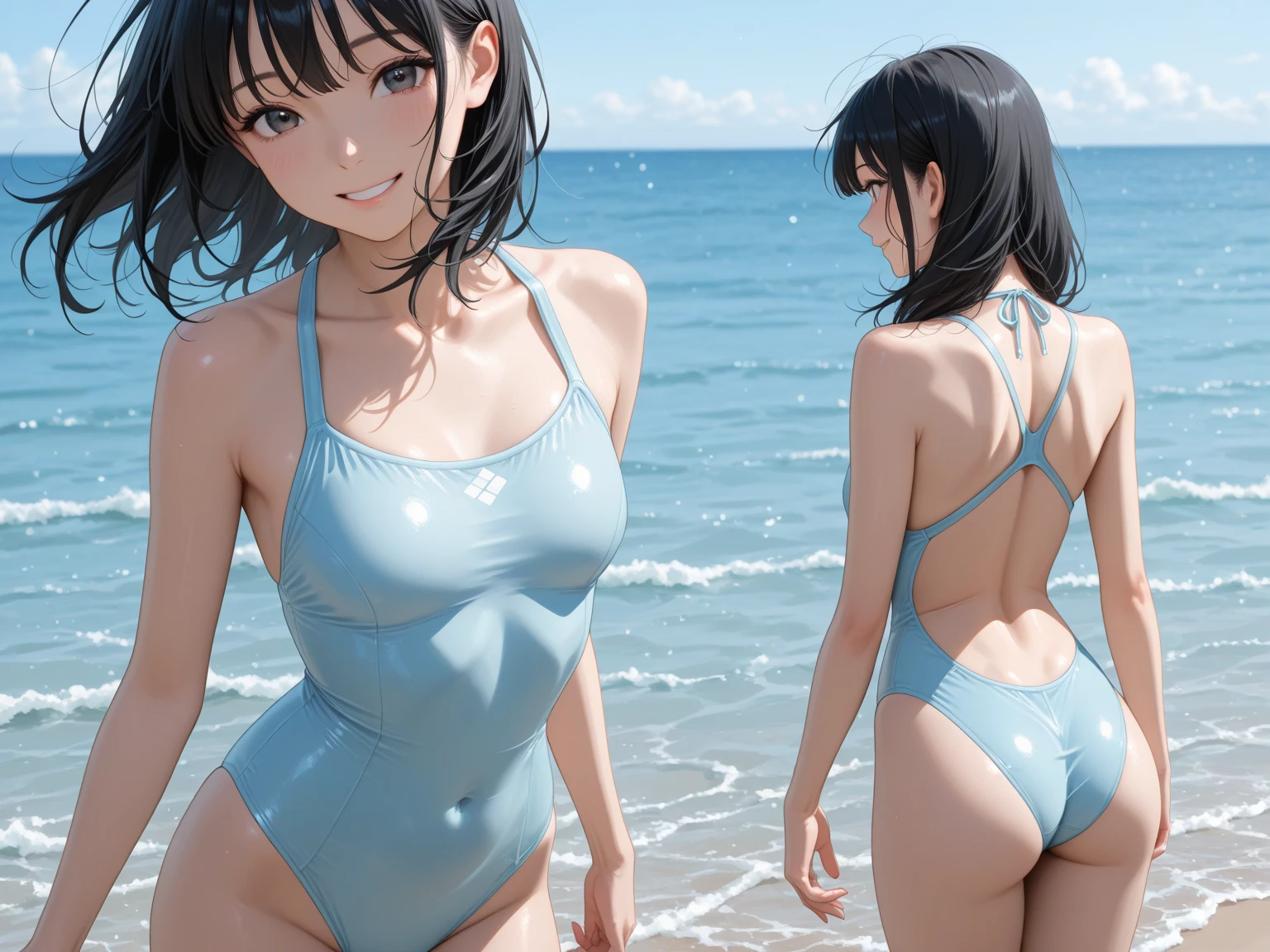 ((((Swimwear that adheres to the body)))) Alafed woman sitting on the beach in blue school swimsuit, Young skinny gravure idol, Cute girl in school swimsuit, Young Pretty Gravure Idol, Young Sensual Gravure Idol, Young Gravure Idol, Chiho Aoshima, mayuri shiina,(((More about anime faces))) Yasumoto Oka, Aoi Ogata, Sana Takeda, Aya Takano((top-quality))、((masterpiece))、1girl in、Formal-up、beautiful detailed eyes and face、pretty skin、a very cute、22year old、School swim wear(darkblue、Simple design、Matte texture、Wrinkle、Polyester material、Nero、shadings、)Wet body、Anime Face、Beautie、Facing the front、big eye(Beautiful fece、Anime Face、Clear eyes、Fine details、Beautiful eyes)Well-formed face(Beautiful nasal muscles、Perplexed、sharp mouth)full of sweat、sodden、Wet feeling、Background with(sunny sky、takeout)、8K picture quality、perfectly proportions、A slender、red blush、female focus on, hair adornments,length hair, Look at viewers,(((New School Swimsuit)))(((((Woman in dark blue leotard)))))(((Woman sitting cross-legged)))