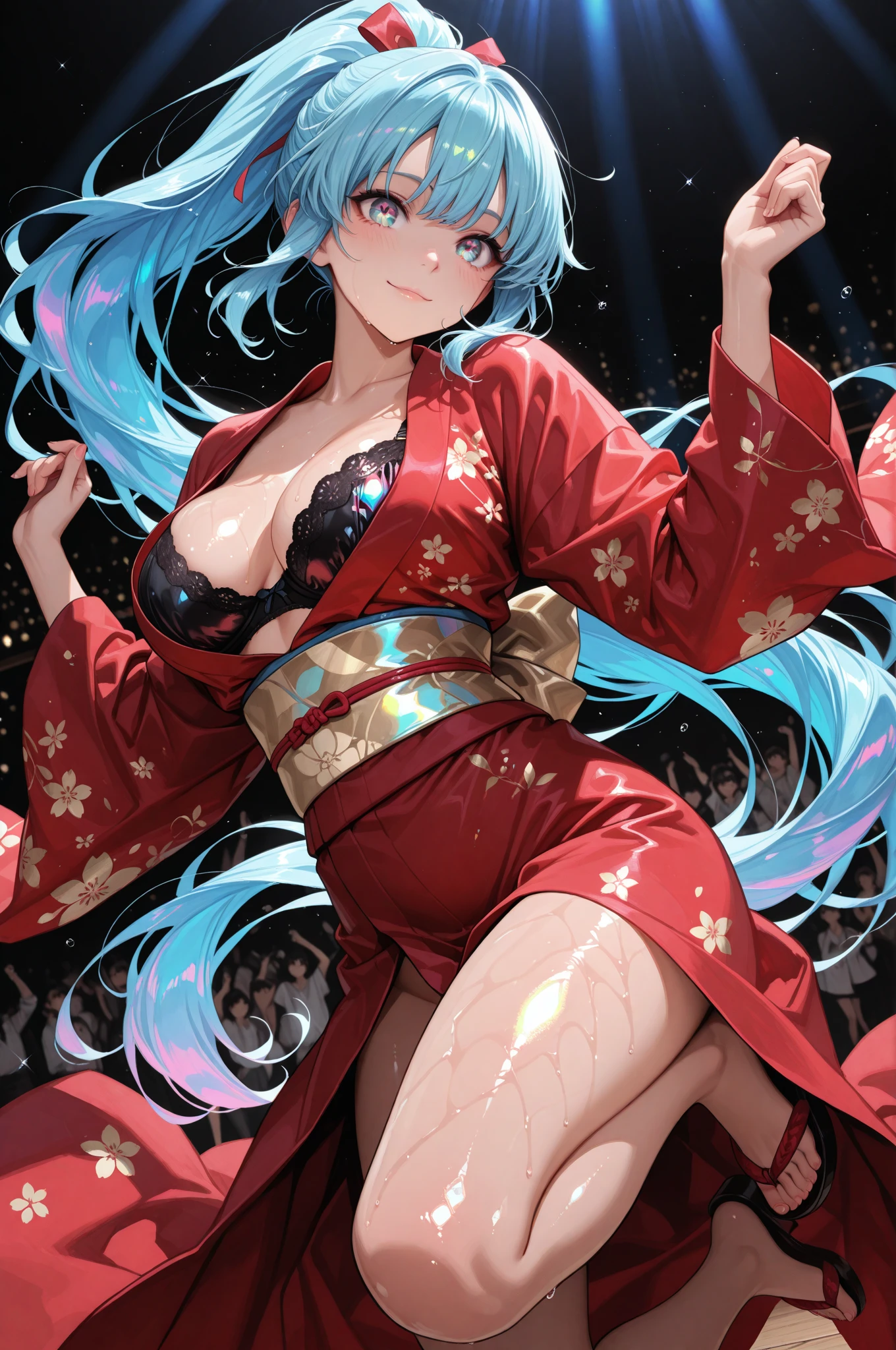 (Masterpiece, High Quality, Top quality, High-Detailed, Detailed CG, Cinematic Shadow, Cinematic Scene, Beautiful Detailed Eyes, Ultra Resolution, Depth of Field), (Full Body View), (Full Body Shot), Looking At The Audience, (Blush Expression:1.2), (Smiling Expression:1.2), (Erotic Expression:1.0), Red Eye, Blue Hair, Five Fingers, Good Composition, (Japanese School Uniform:1.5), (Sailor Fuku:1.5), (Serafuku:1.2), (Short Skirt:1.2), (Panties Exposed Under Skirt:1.0), (Chubby:1.2), Thicc Thighs, Thick, Large Breasts, Restaurant Background, Cafe Background, (Depth of Fields, Blurry Background)