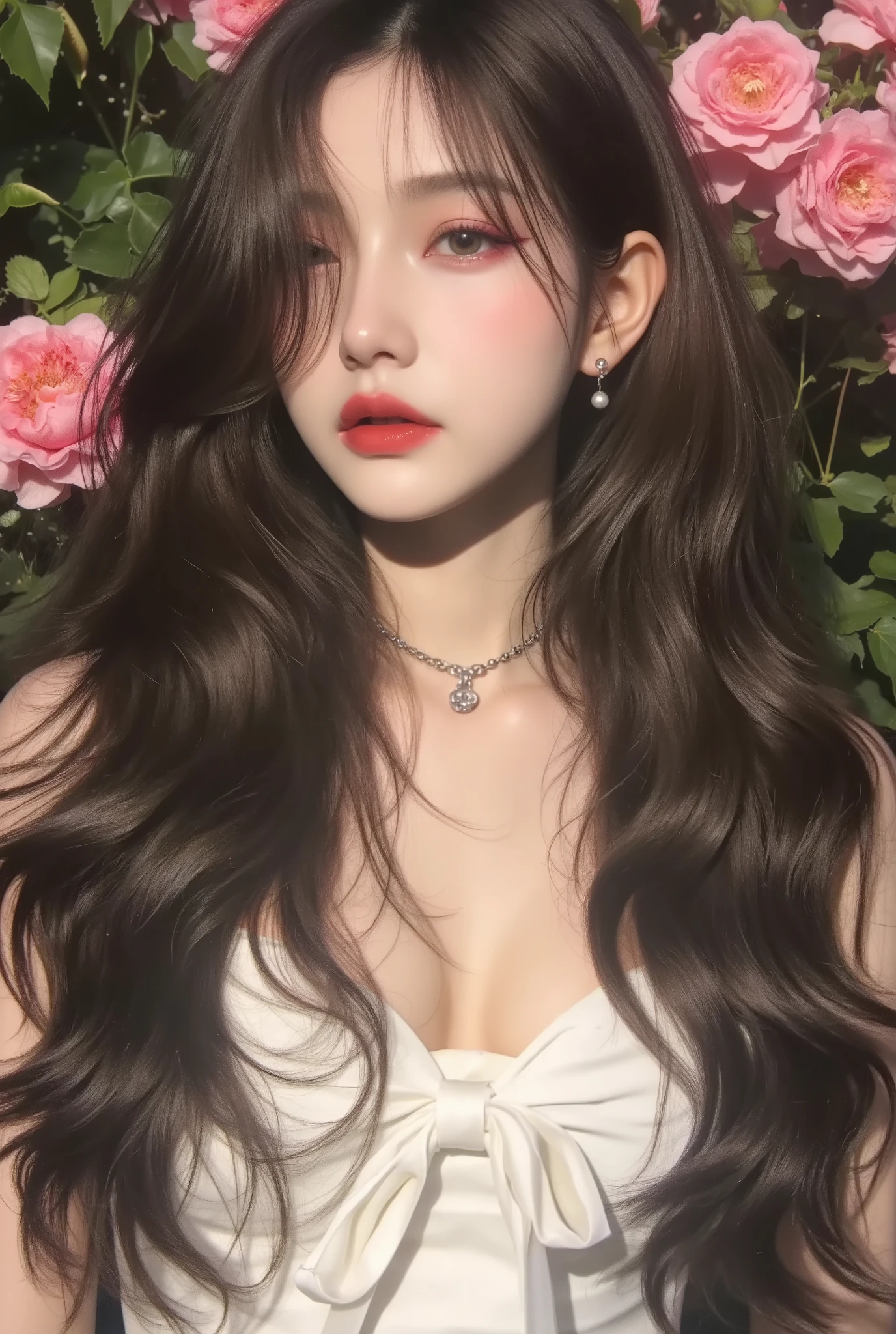 16k、RAW photos , top quality, masterpiece、Actual photo、realistic pictures、 real woman、Realistic photos、Personal , A BEAUTIFUL YOUNG WOMAN , 20 years old, The face is more detailed、straight hair、Black hair is beautiful and shiny、long hair、Shiny Skins、Big Breasts、Cleavage、white ribbon dress、in the luxury flower garden、seen from right side,profile,don't look at camera