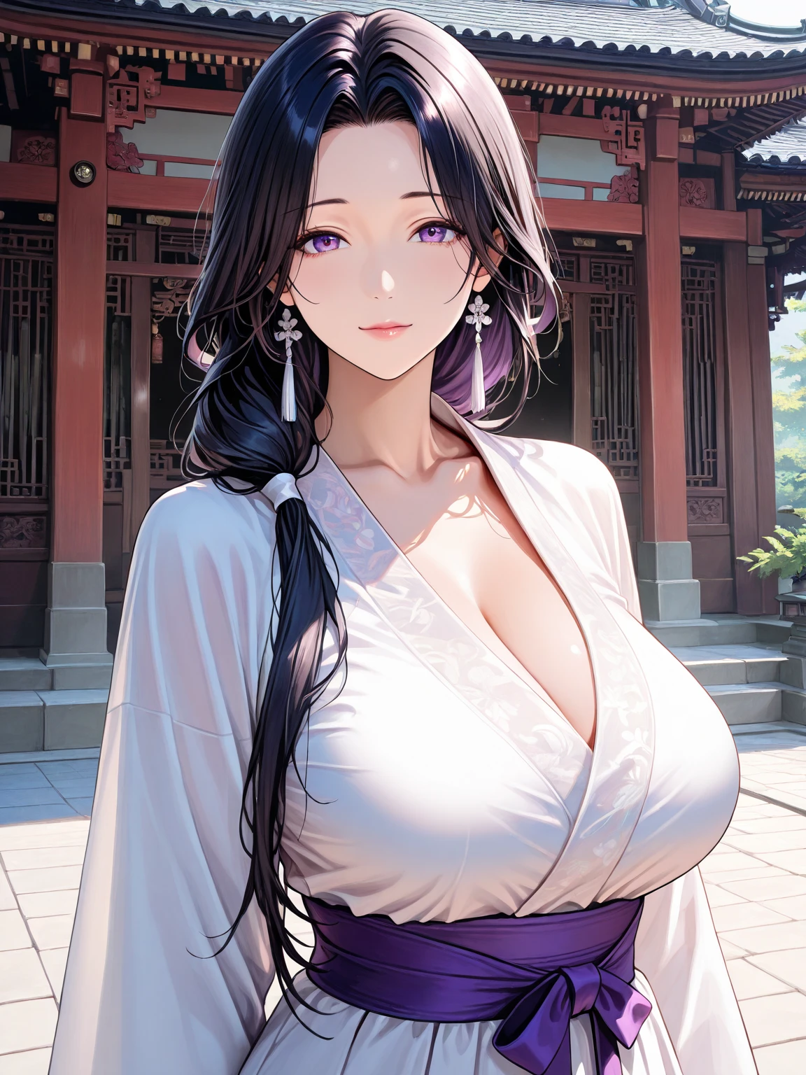 delicated best quality ,masterpiece, illustration, an extremely delicate and beautiful, extremely detailed ,CG ,unity ,8k wallpaper, Amazing, finely detail, masterpiece,best quality,official art,extremely detailed CG unity 8k wallpaper,absurdres, incredibly absurdres, huge filesize , ultra-detailed, highres, extremely detailed,beautiful detailed girl, extremely detailed eyes and face, beautiful detailed eyes,light on face,1girl, (raiden shogun/genshin impact), (Super realistic), ((( purple hair))), (low ponytail braided hair), (purple eyes), ( one the moles under eyelids), (Detailed description of the eye), ((jewelry)), (slave necklace), (((describe the arm in detail))), (((Super boobs))), ((Big ass)), ((thighs)), ((Plump body)), (Big breasts), ((Plump boobs)),, (detailed description of hair), jewelry, (gem earrings), ((upper body)), (Bare shoulder), ((collarbone)), ((offshoulder)), (Shiny skin), (Detailed description of eyes), (detailed description of face), (detailed description of body), (white and translucent skin), peerless beauty, (extreme beauty), (red lips), (shy ), ( smile), (facing the viewer), ((facing)), (((cherry blossom))), (falling petal), ((kimono)), ((long sleeves)), ((wide sleeves)), ((sea)), (Japanese Shinto Shrine), (Diving), (lying on the sea surface), the water surface is reflective, (any pose), (((soaked))), ((girl submerged in water)), ((There is a lot of water on the body))