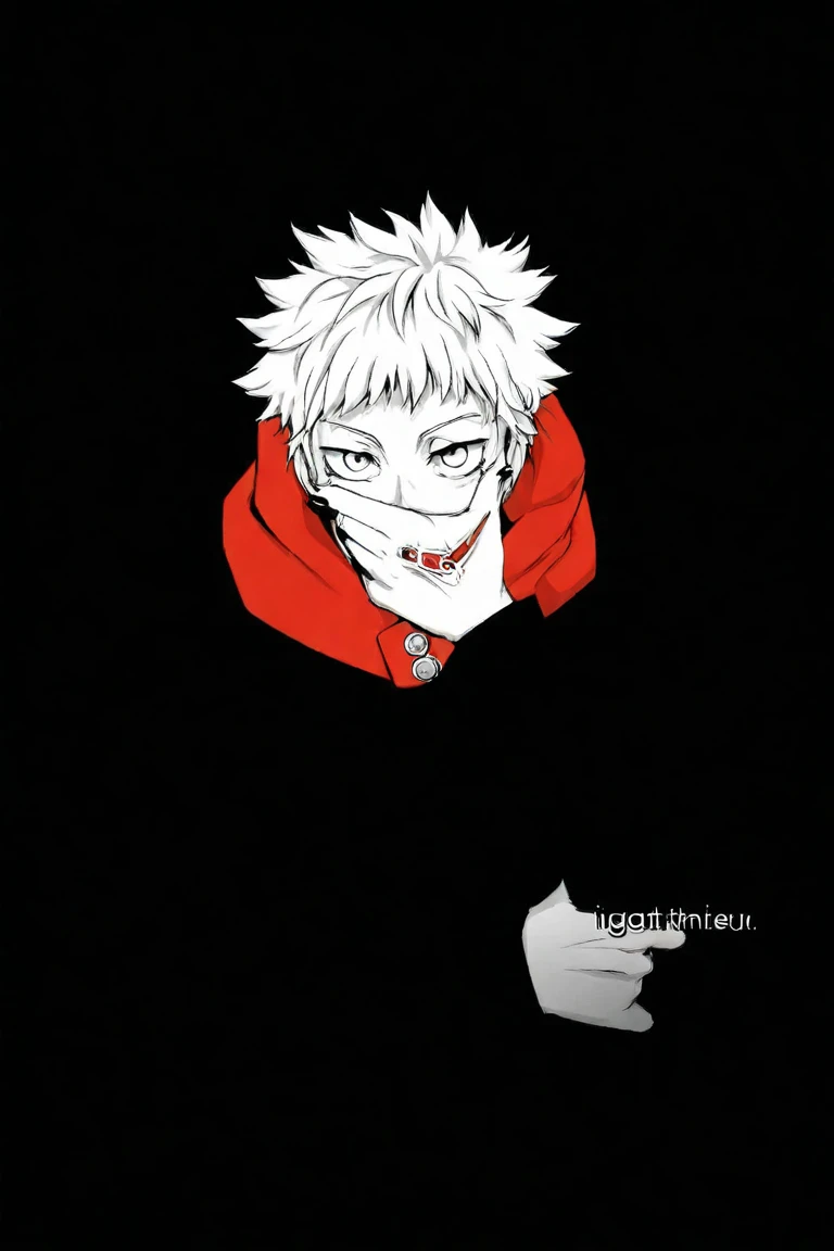1boy, 1eye, white hair, red eyes, black hoodie shirt, white shirt, black sleeves, black pants, red tentacles in back