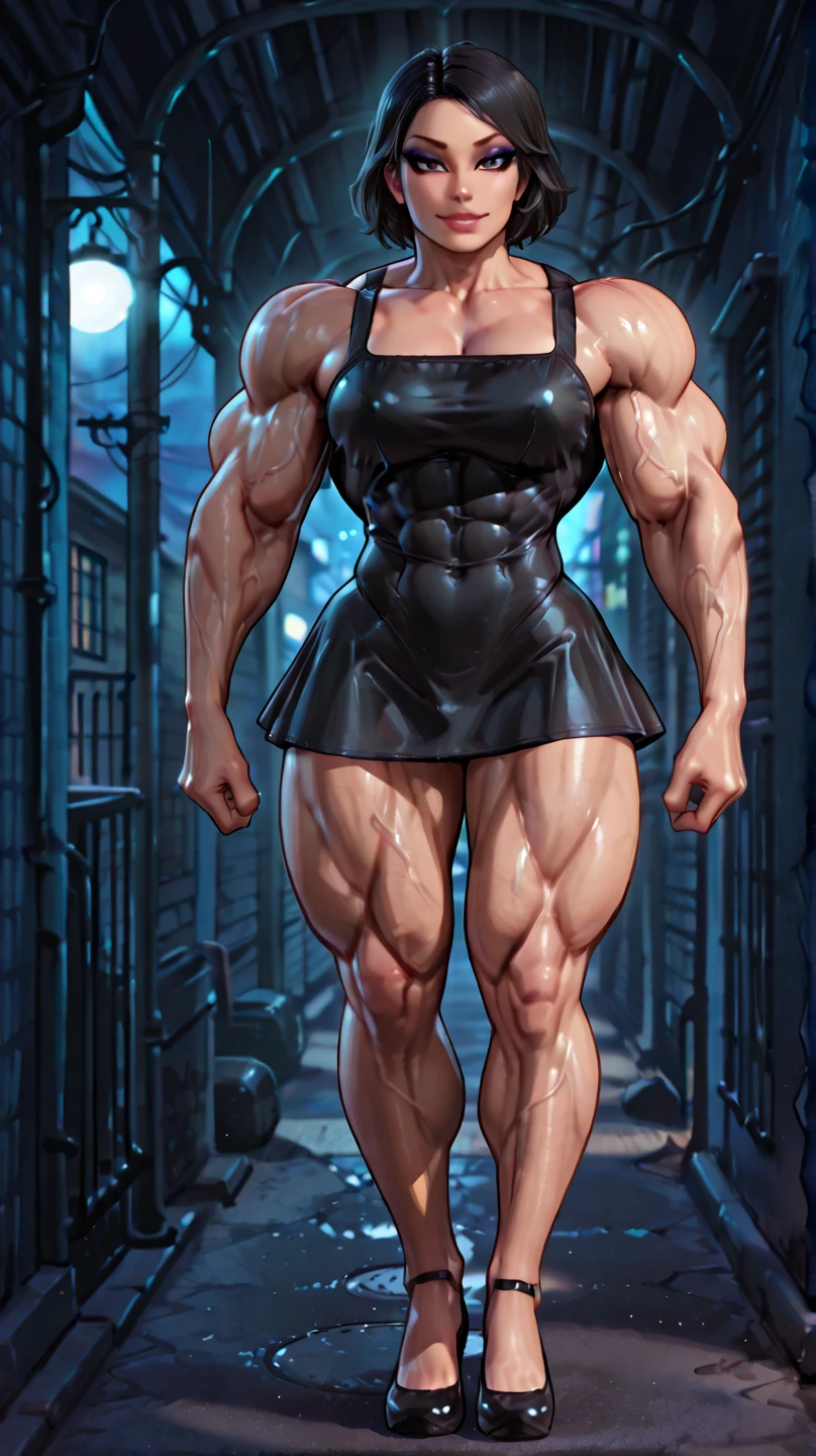((((Massive tall, beautiful, buff, soaking wet, light brown skinned, muscular woman with wet white hair, black lipstick, ginormous bulky muscles, hands on her hips and wearing a tight black tank top and denim miniskirt)))), close view, massive muscles, massive biceps, hyper muscle triceps, (long straight hair), blue eyes, wearing black gloves, chained belt, high heels boots, (in a street in the middle of a rainstorm), night, smug smile, hyper muscles arms, hyper muscle legs, massive arms.