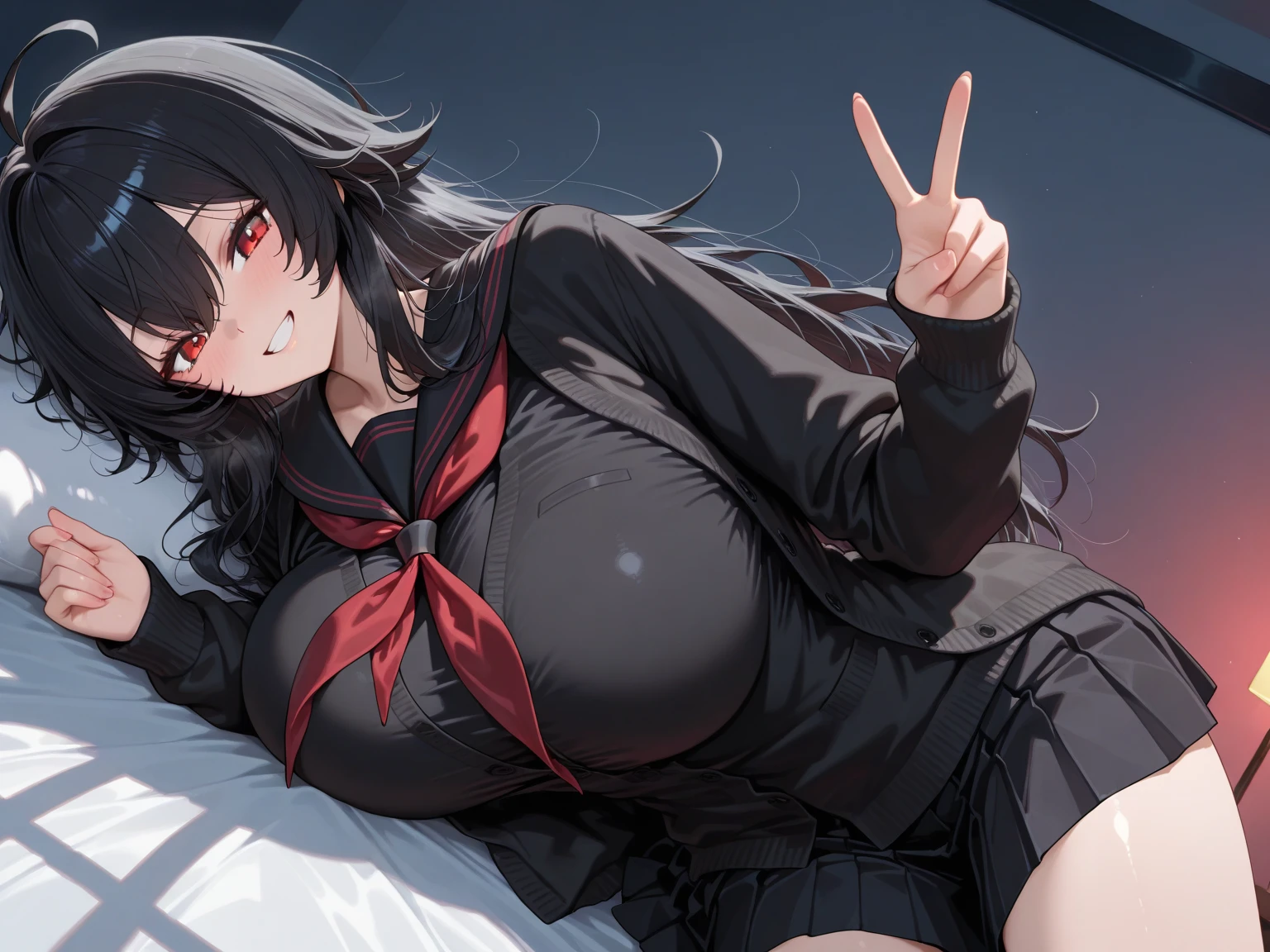 Top view of Beautiful superheroine kitten flying, with minimal school uniform, cape, symbol on chest, perfect body, busty, dark urban setting, gloomy atmosphere, Japanese manga style