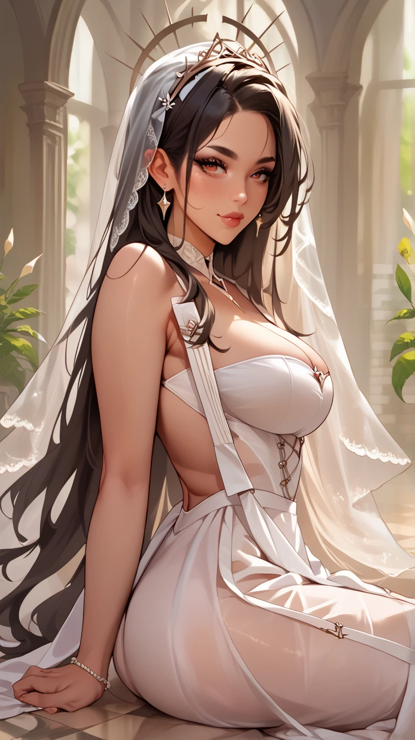 Best Quality, masutepiece, Portrait, , 1girl in, Kotegawa Yui, Black hair, Long hair, Long bangs, Brown eyes, medium udder, ((chies)), Looking at Viewer, embarassed expression,Photo from below、((weddingdress))、((pantyhose))、((Show panties))、((see-through dresses))
