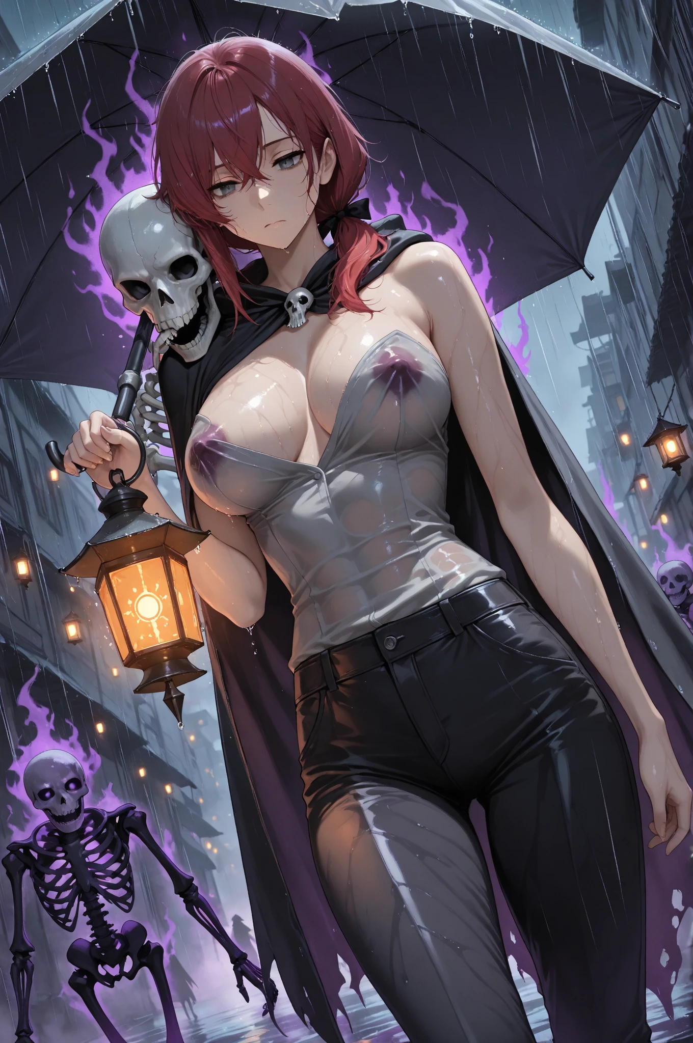 ((masterpiece)), (best quality), (detailed), (1 girl), <lora:jack:1>,jack-o' valentine,red hair,white bodysuit,halo,cross,belt,chain,ball & chain restraint,ankh,mask,shackles,cleavage,necklace,buckle,jewelry,chained,wide sleeves