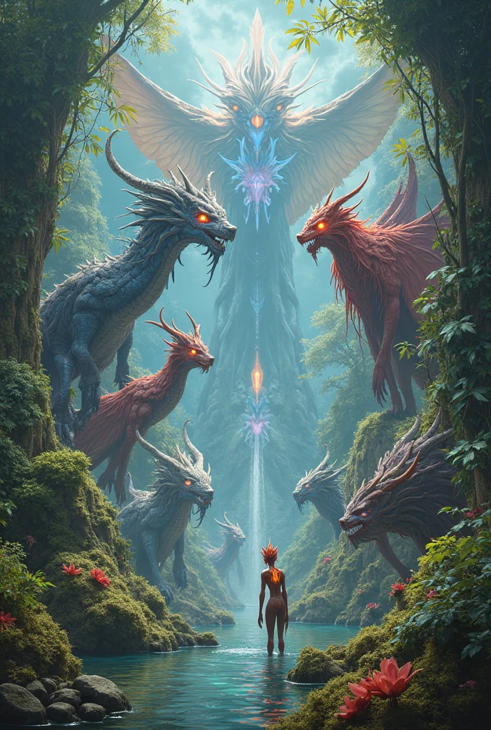 Woman exploring an ancient, overgrown ruin with hidden magical elements and mythical creatures like dragons and phoenixes.