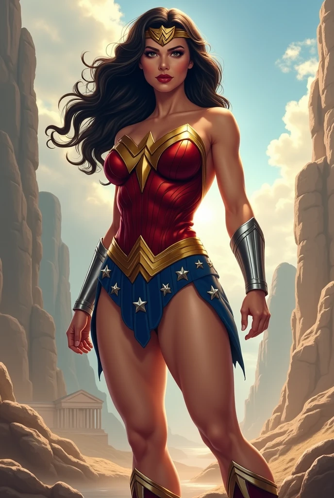 PhotoRealistic Art Style Best Qualit:1.3, Natural Beauty, Masterpiece, Full Body View Visible, Hailee Steinfeld, Perfectly Accurate Face Proportion,Realistic Light Hazel Brown Eyes, Thick Eyebrows, Brown hair, slim toned Thighs, tight ass, perky round breast , slim athletic body type, perfect body type, wonder woman, Regal Posture with Focus on Buttocks: Standing elegantly with one foot slightly in front of the other, the tight suit clings to Wonder Woman’s body, highlighting the curves of her hips and the shape of her buttocks. The suit's fit emphasizes her graceful yet powerful form, with the smooth lines accentuating her posture.