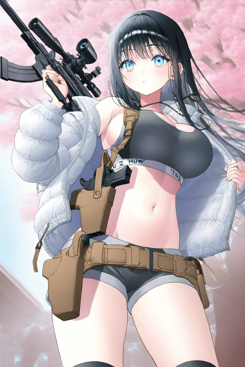 Garota de anime peituda pelada de perfil, vista de frente, pelada, peituda, grande breast, grande , garota de anime peituda, coreana, cabelo preto curto, She wears rectangular metallic earrings and on her right breast there is a small mole., garota em perfil, corpo de ninfeta, vista de frente, she is holding a rifle in front of her breasts, ak-47 cobrindo parcialmente os mamilos, pelada vista de frente, rosto de perfil, seios para fora, seios a mostra, mamilos para fora, mamilos a mostra, The girl is anxious, corpo e rosto de perfil, segurando ak-47 na frente do peito, garota peituda, cabelo preto curto, brinco metalico retangular, na frente do torax
