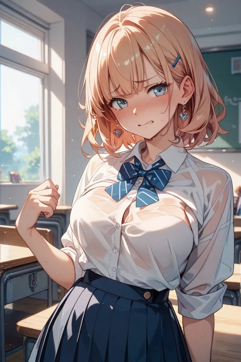 (masterpiece:1.3, Highest quality, Ultra-high resolution, Super detailed), (Realistic, photoRealistic:1.4), Beautiful illustrations, Perfect lighting, Natural light, colorful, Depth of written boundary, 
View your viewers, whole body, Front view:0.6, 1 girl, Japanese, high School girl, Perfect Face, (Perfect ???????), Cute and symmetrical face, Baby Face, Glowing Skin, , 
(short hair:1.5, Pixie Cut:1.2, Blonde), Hair between the eyes, blue eyes, Long eyelashes, (Large Breasts:0.8), 
Beautiful Hair, Beautiful Face, Beautiful attention to detail, Beautiful clavicle, Beautiful body, Beautiful breasts, Beautiful thighs, Beautiful feet, Beautiful fingers, 
((Collared short-sleeved shirt, White shirt, Grey plaid pleated skirt, Blue checked bow tie)), pink panties, 
(Beautiful views), Daytime, (School), Are standing, (Lift up the skirt, Grab the hem of your skirt, please put your hand on your chest, Place your hands between your legs), (Captivating smile, Upward glance),
