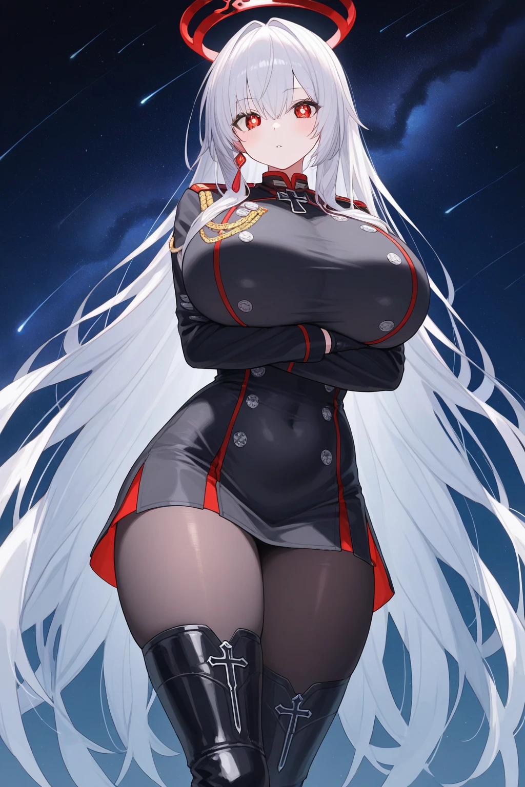 1girl, white hair, long hair, red eyes, serious, glowing eyes, large breasts, thick thighs, mature female, athletic female, toned, leotard, black leotard, thighhighs, belt, knife
