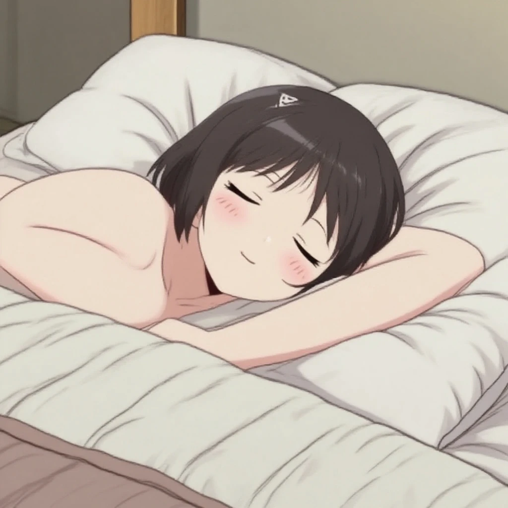 1girl, black short hair, close eyes, lying in bed, sleep, naked, nipple 