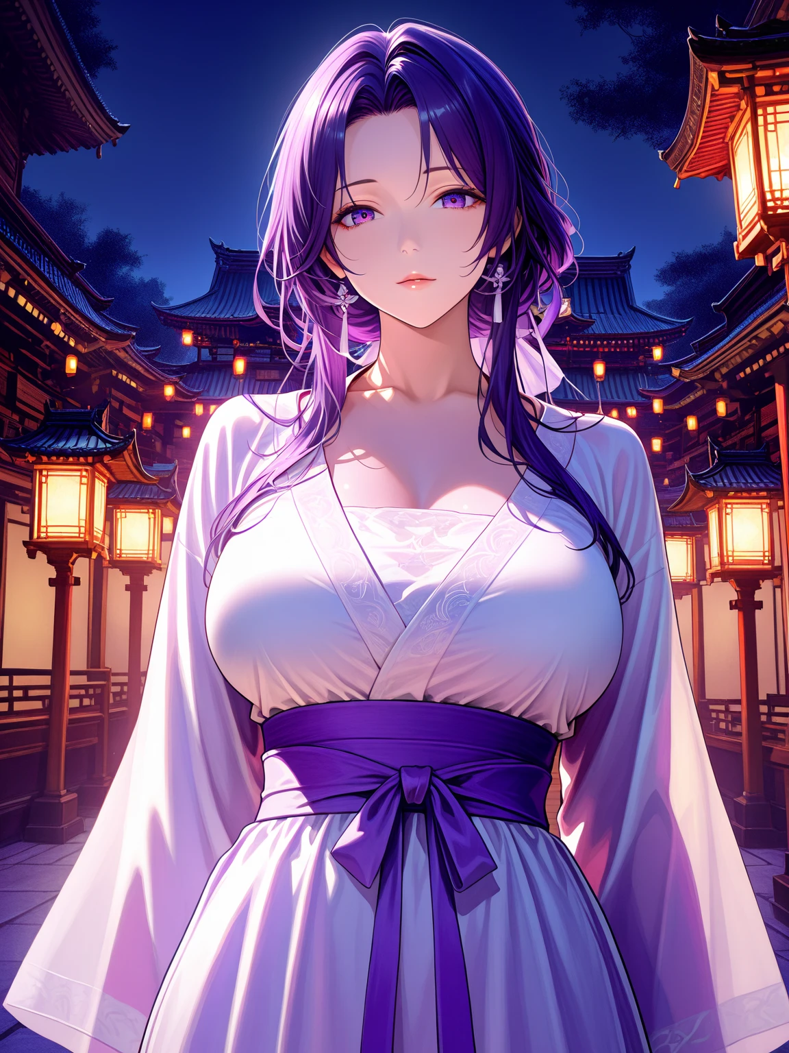 Masterpiece, ultra detail, high quality, 8k cg, large breast, raidenshogundef, night, glare face, bright eyes, standing, cleavage, slim body, narrow waist, (eyes shining), upper body