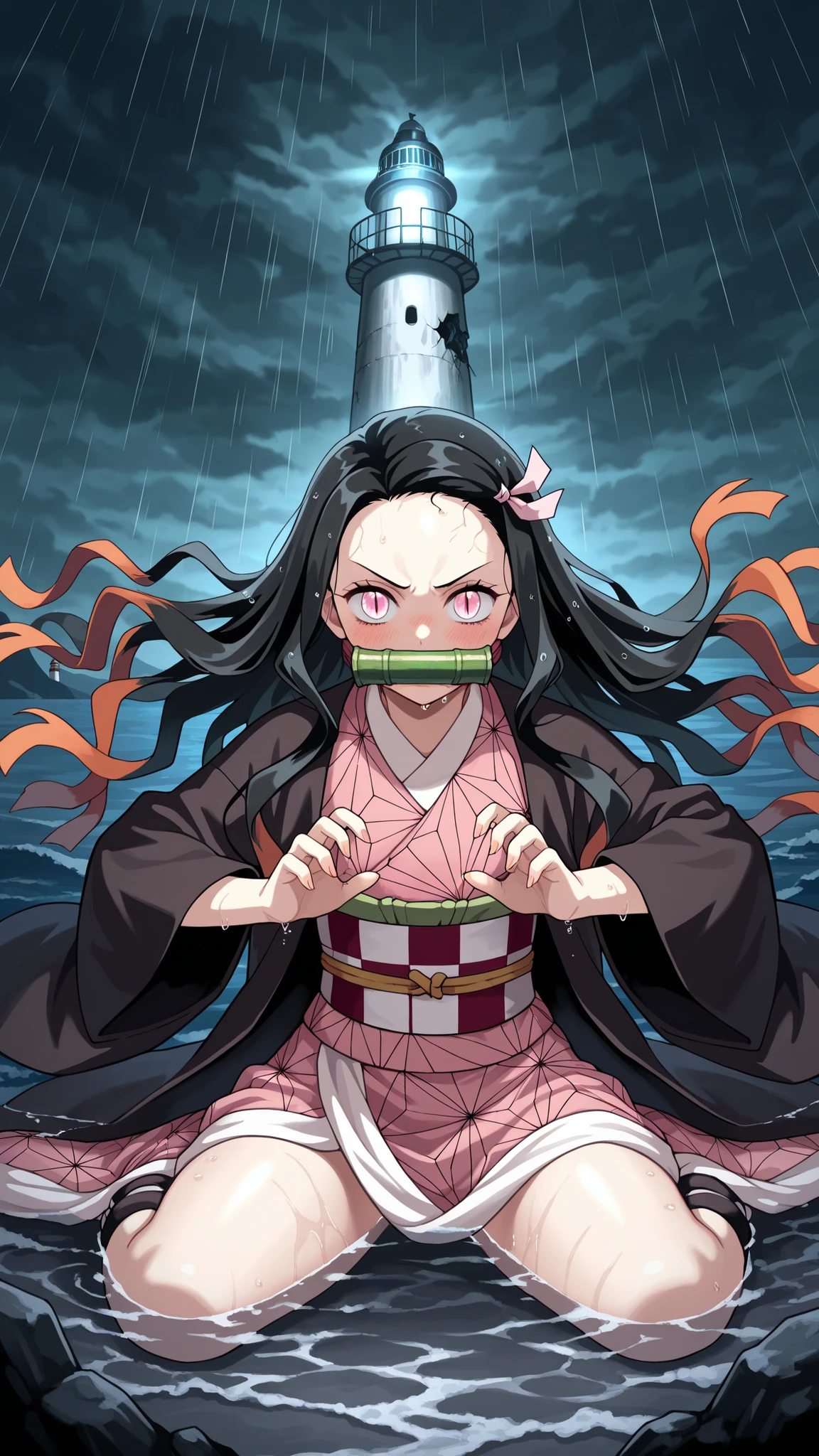 BREAK (masterpiece:1.2), best quality, high resolution, unity 8k wallpaper, (illustration:0.8),looking at viewer, (beautiful detailed eyes:1.6),Dark coastal lighthouse during a violent storm at night, massive waves crashing against jagged rocks, the lighthouse beam cutting through the heavy rain and mist, dark clouds swirling above, flickers of distant thunder, abandoned look with broken windows and rusted metal, ocean spray reflecting pale light, ominous and cinematic atmosphere, ultra-detailed, realistic lighting, stormy and gothic,floating hair,floating skirt,blush, seductive expression,nezuko kamado, black hair, forehead, hair ribbon, long hair, multicolored hair, pink eyes, orange hair, slit pupils, wavy hair, two-tone hair,bamboo, bit gag, gag, gagged, asa no ha \(pattern\), checkered sash, haori, japanese clothes, kimono, long sleeves, obi, pink kimono, sash, wariza, wide sleeves,cowboy shot,sexy pose,serious face,wet hair,