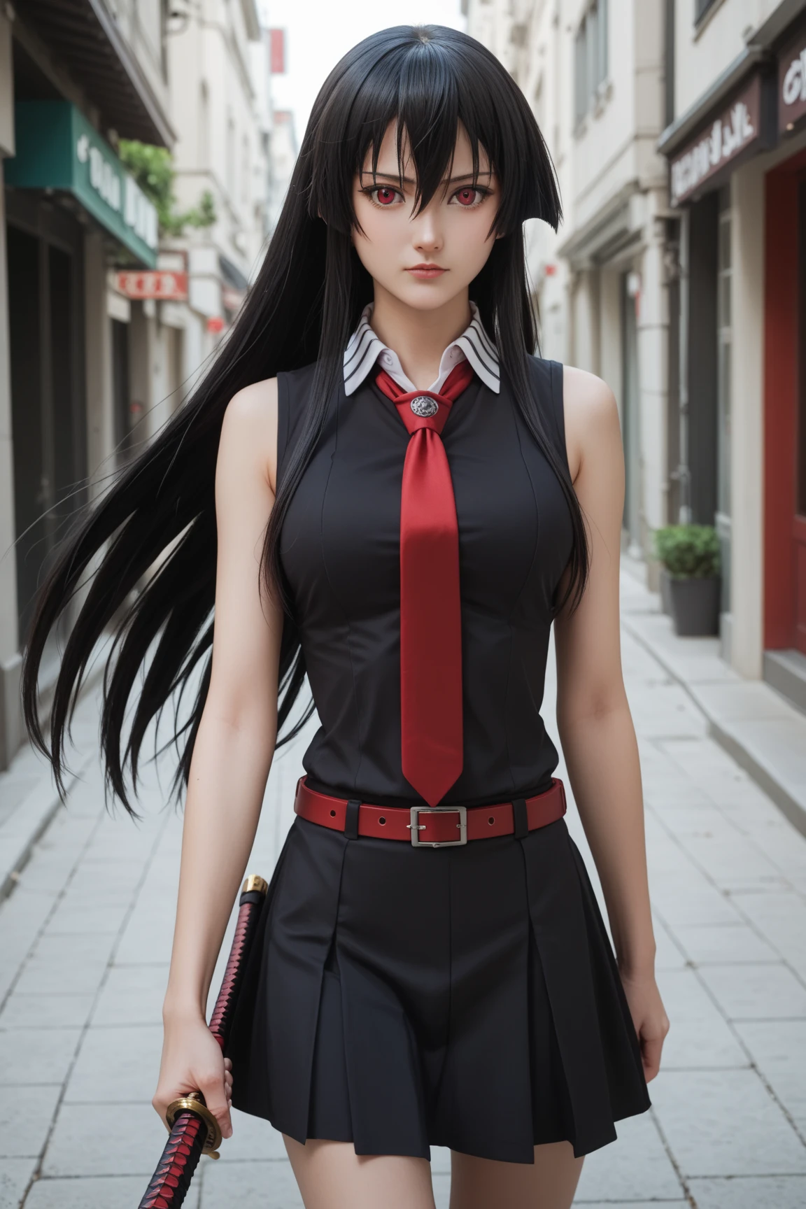 pretty, young, girl, long hair, black hair, red eyes, bangs, dark shirt, sleeveless, white collar, red tie, small breast, black gloves, black skirt, upper body, white skin, 18 year old, beauty, 1 girl, intimidating, look put hands behind head, armpits, armpits visible,
