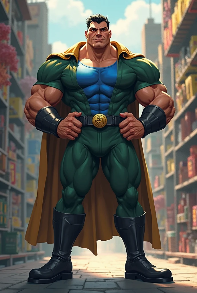 A naked Jamaican muscular superhero with massive muscles wearing a metallic jockstrap, boots and a cape in silver, looking handsome and beautiful, seen from just below.