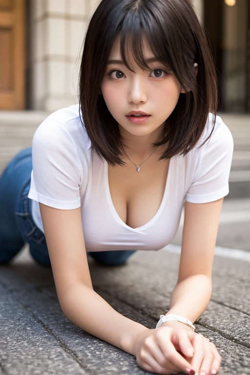 (Best quality, 8k, 32k, Masterpiece, UHD:1.2),Photo of Pretty Japanese woman,1gril,black short hair,l(eaning forward:1.2),squatting,(from above:1.3),pov, (loose t-shirt:1.1),(denim shorts:0.8),lace bra,necklace,small breasts,outdoors, sneakers,