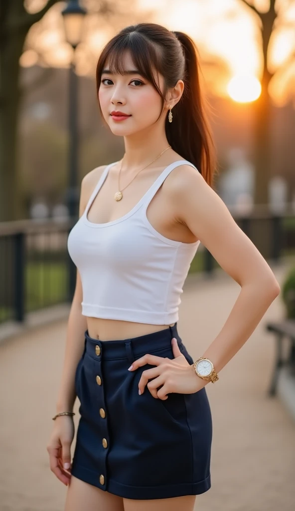 highest quality, masterpiece, Ultra-high resolution, (Realistic:1.4), (Facing portraits) RAW Photos, 1 girl, 20-year-old,((Miniskirt Uniform)),((short hair)),((Wear a bandana on your head)),((Looking up at the audience)),Realistic,((Simple solid color background)), Image Media Chest)),((Smiling with teeth showing)),