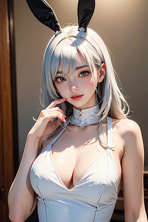 (RAW photo) girl in a sexy t-shirt, I compressed her breasts with Armedium's chest.), cleavage, medium long hair, (Silver-white hair), upper body photo, realistic light, surreal, highest quality, 8k, ((fine hands)), correct anatomy.