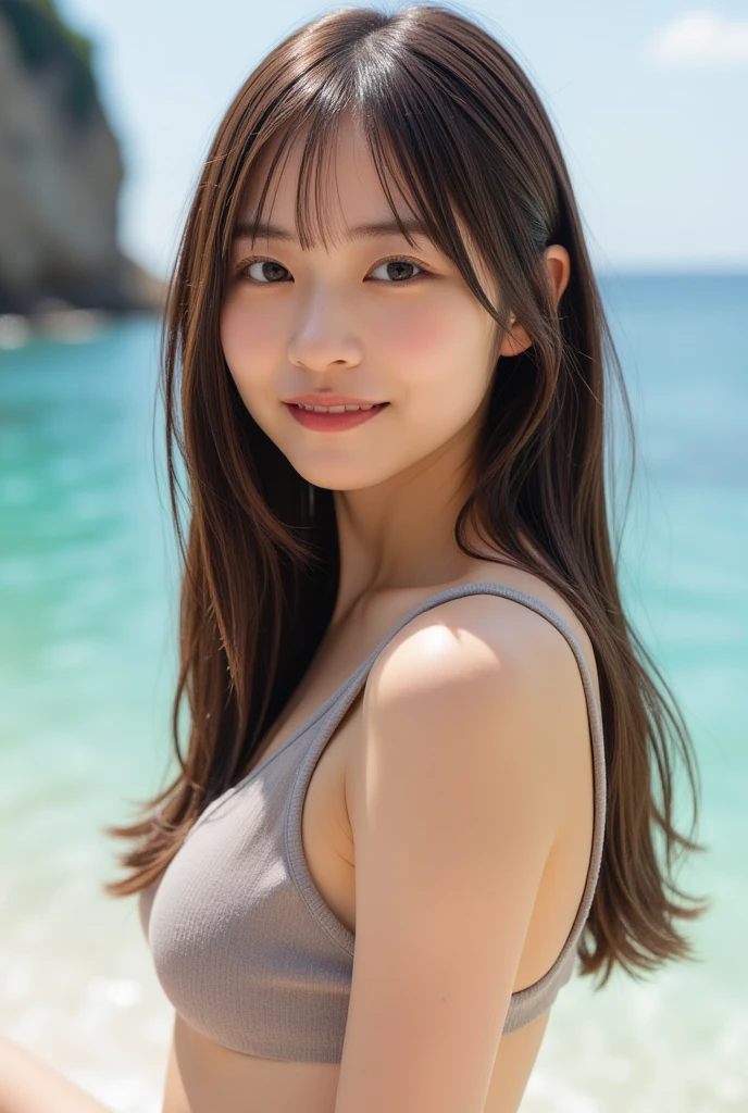 on the table, best quality, illustration, Super detailed, fine details, high resolution, 8k wallpaper, Perfect dynamic composition, Beautiful and delicate eyes,whole body摄影，show your whole body、white vest、collared shirt、long gray hair, Bold sexy pose,Smile,Harajuku、20 year old girl、huge :1.5、Look at the sexy shots of the camera, whole body, Rear view、Holding a bouquet of flowers,standing at the beach