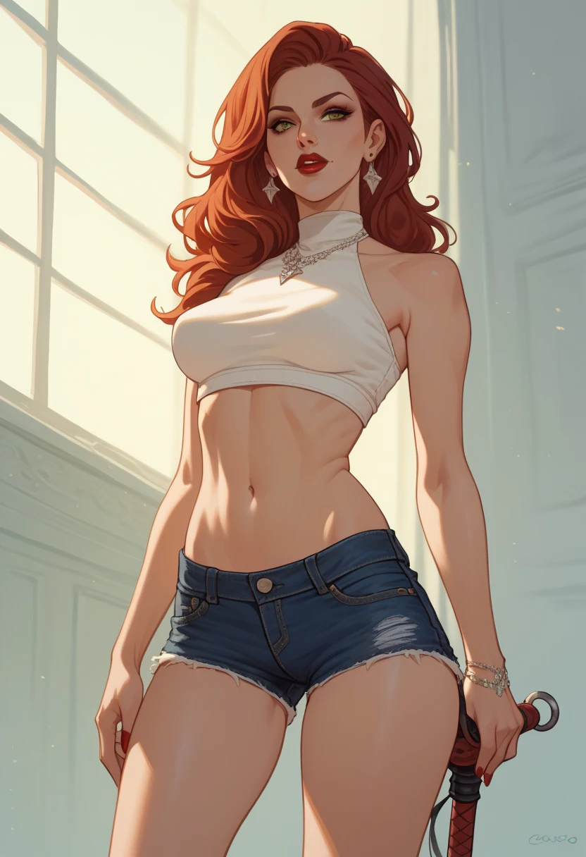 (rule of thirds),((ultra realistic illustration:1.2)), Tall, slender ((redhead)) woman of Irish descent. (pale:1.3)complexion. blue eyes, cute butt, nice legs. Kind eyes, cute ((smile:1.2)). Ponytail, (Eyeglasses), light makeup, necklace, tank top, skinny jeans, stiletto heels. Masterpiece, (highly detailed:1.2),(detailed face and eyes:1.2), 8k wallpaper, natural lighting. core shadows, high contrast, bokeh.